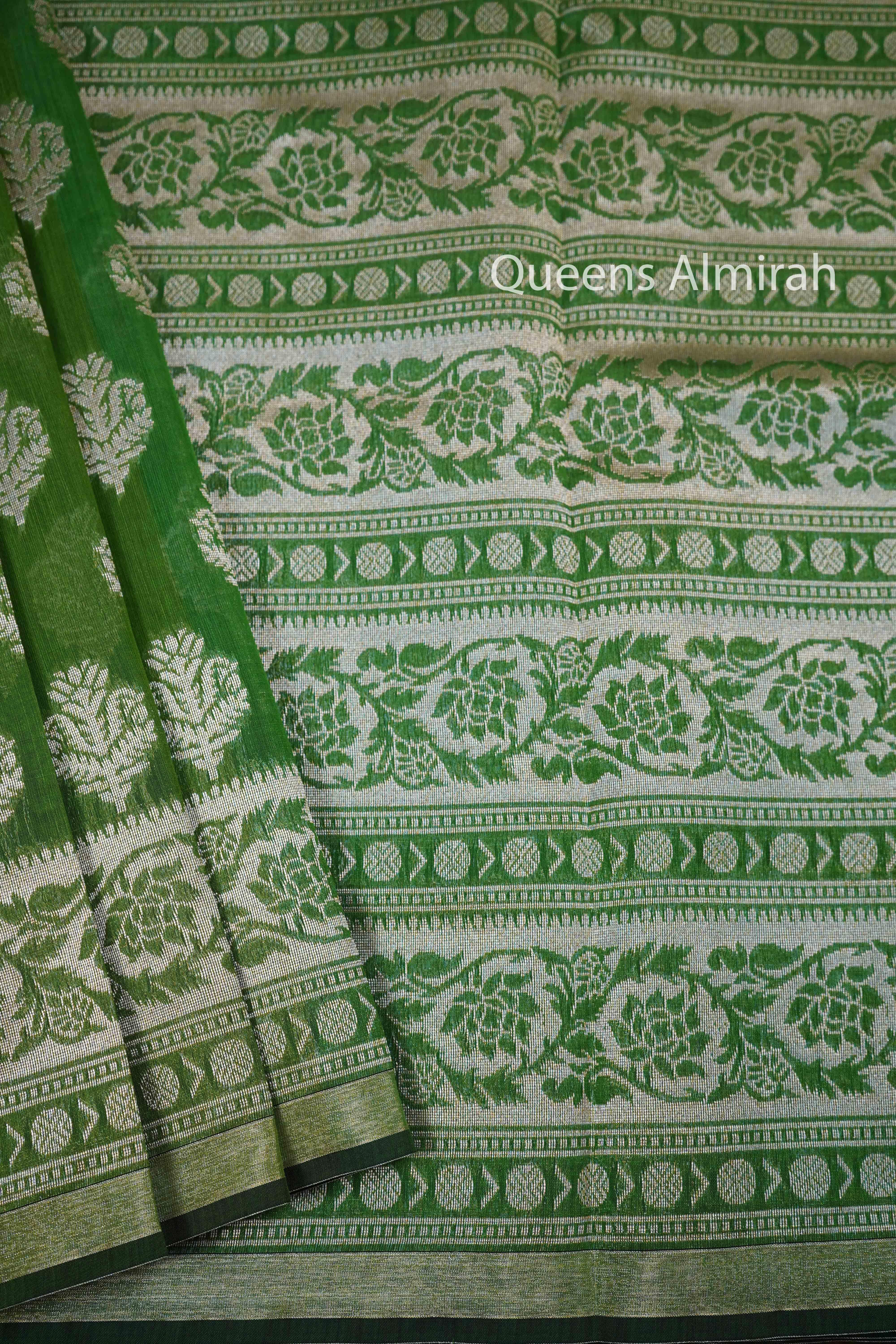 GREEN GREY BANARASI SILK COTTON SAREE - Queens Jewel Emporium