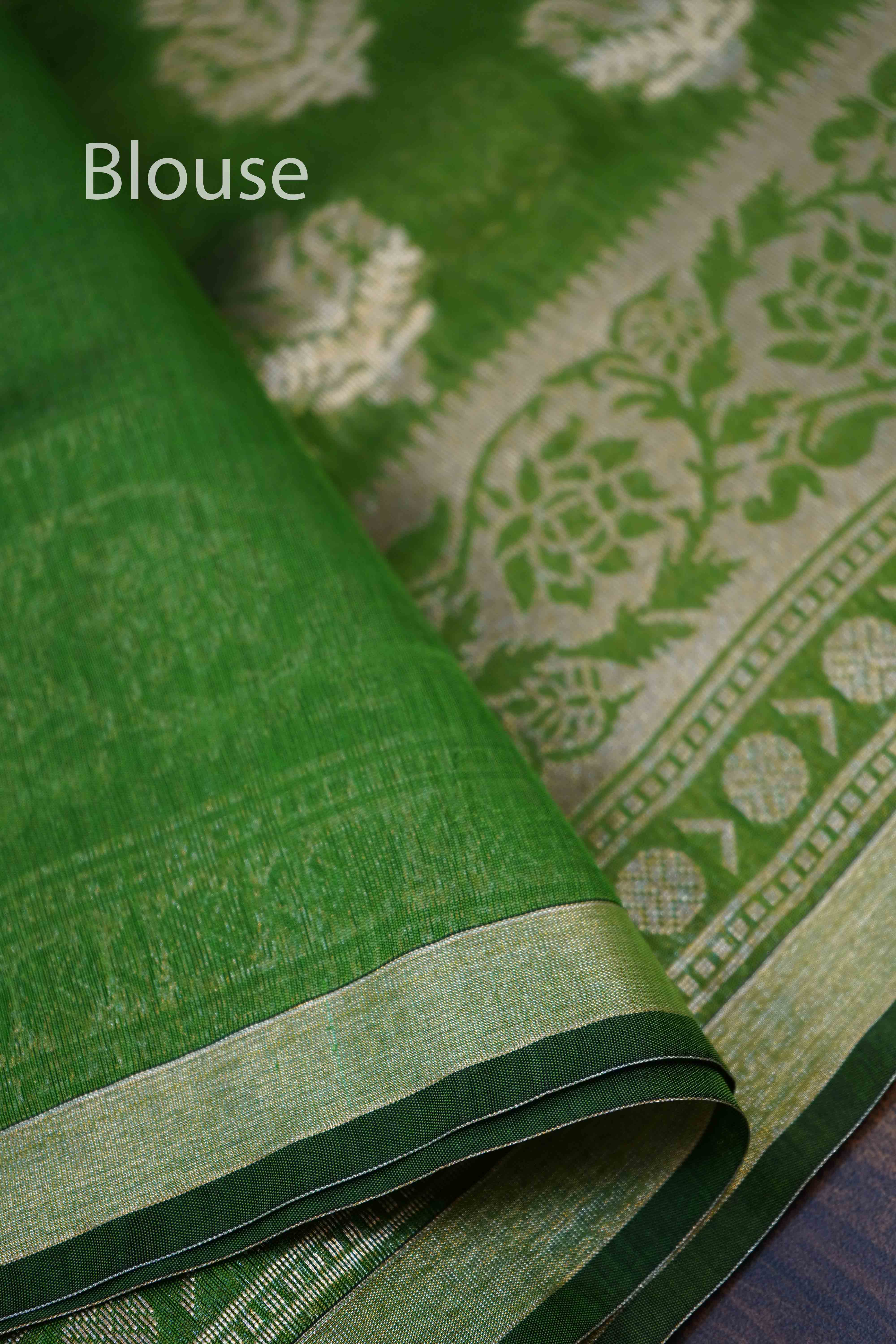 GREEN GREY BANARASI SILK COTTON SAREE - Queens Jewel Emporium