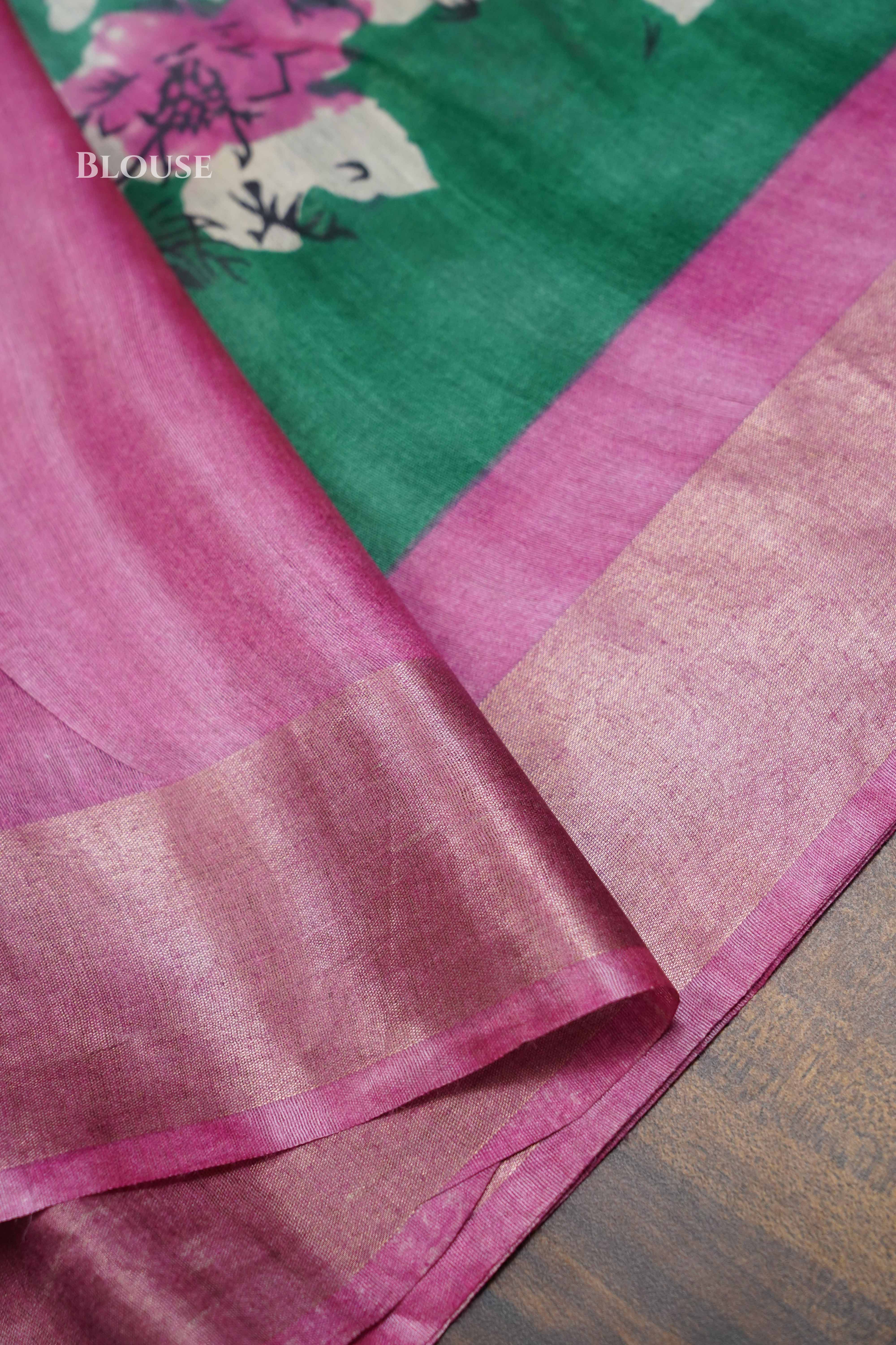Green With Pink Pure Tussar Silk Saree queens ads new set
