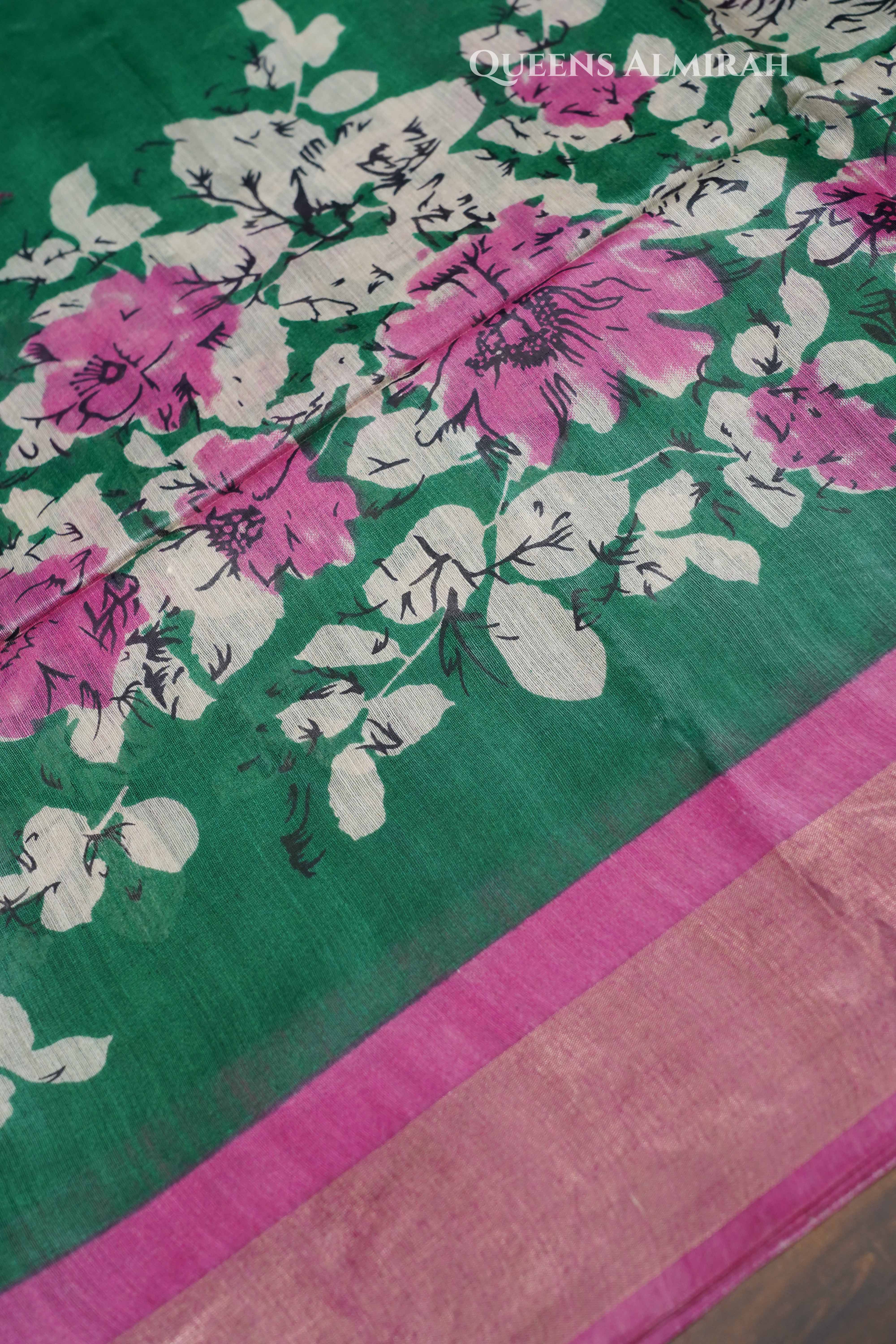 Green With Pink Pure Tussar Silk Saree queens ads new set