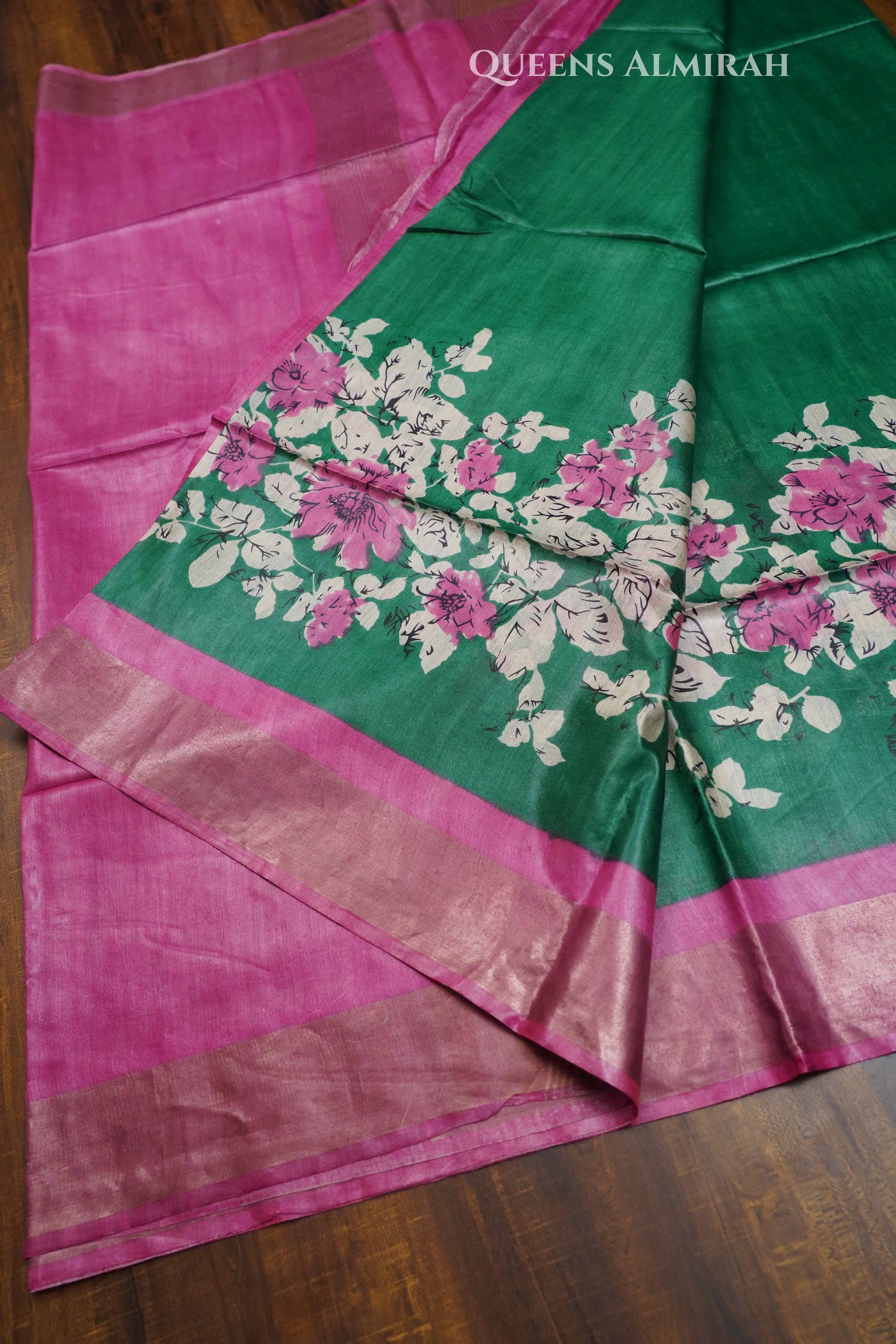Green With Pink Pure Tussar Silk Saree queens ads new set