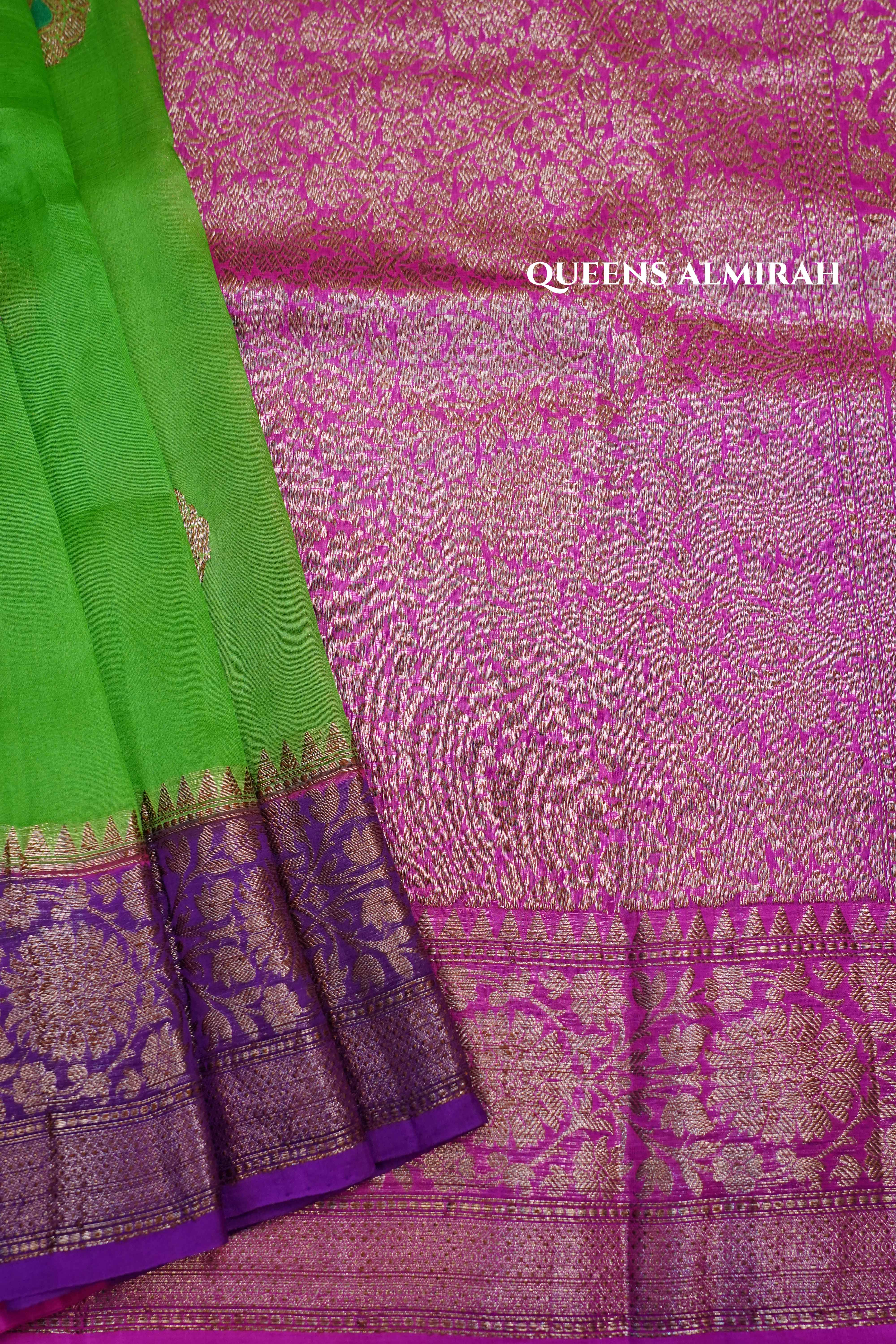 Green With Pink and Grape Purple Banarasi Organza Saree - Queens Jewel Emporium