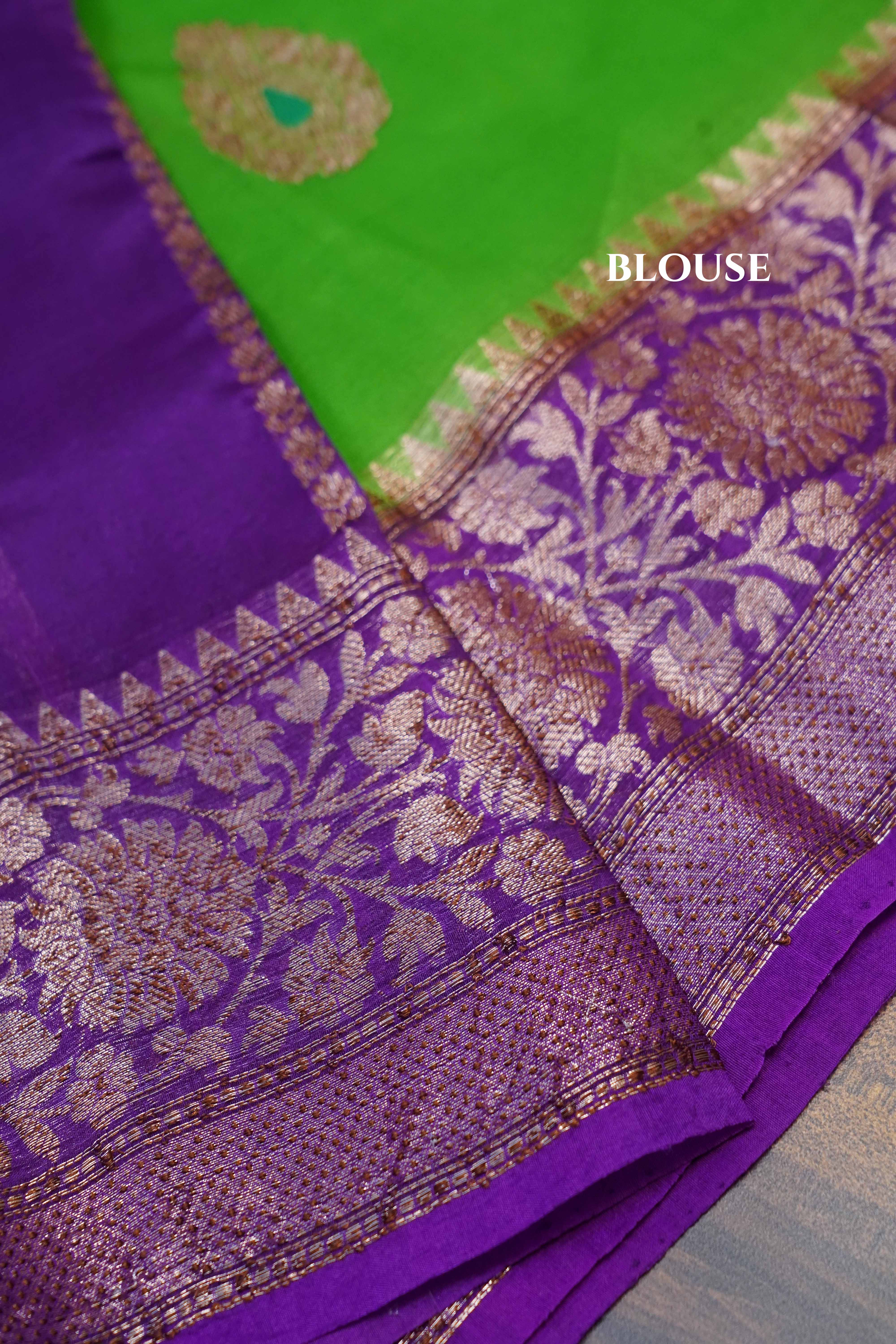 Green With Pink and Grape Purple Banarasi Organza Saree - Queens Jewel Emporium