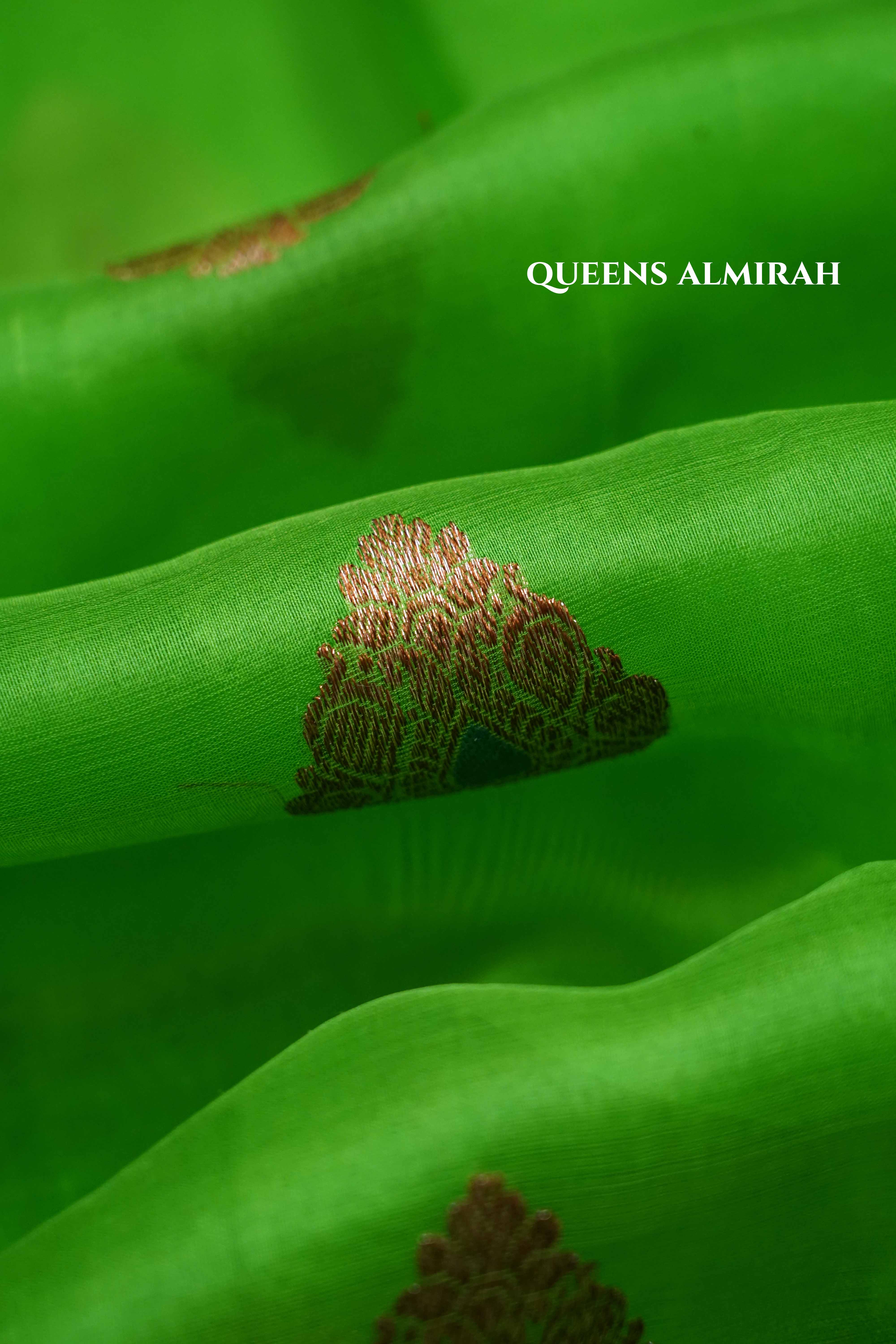 Green With Pink and Grape Purple Banarasi Organza Saree - Queens Jewel Emporium
