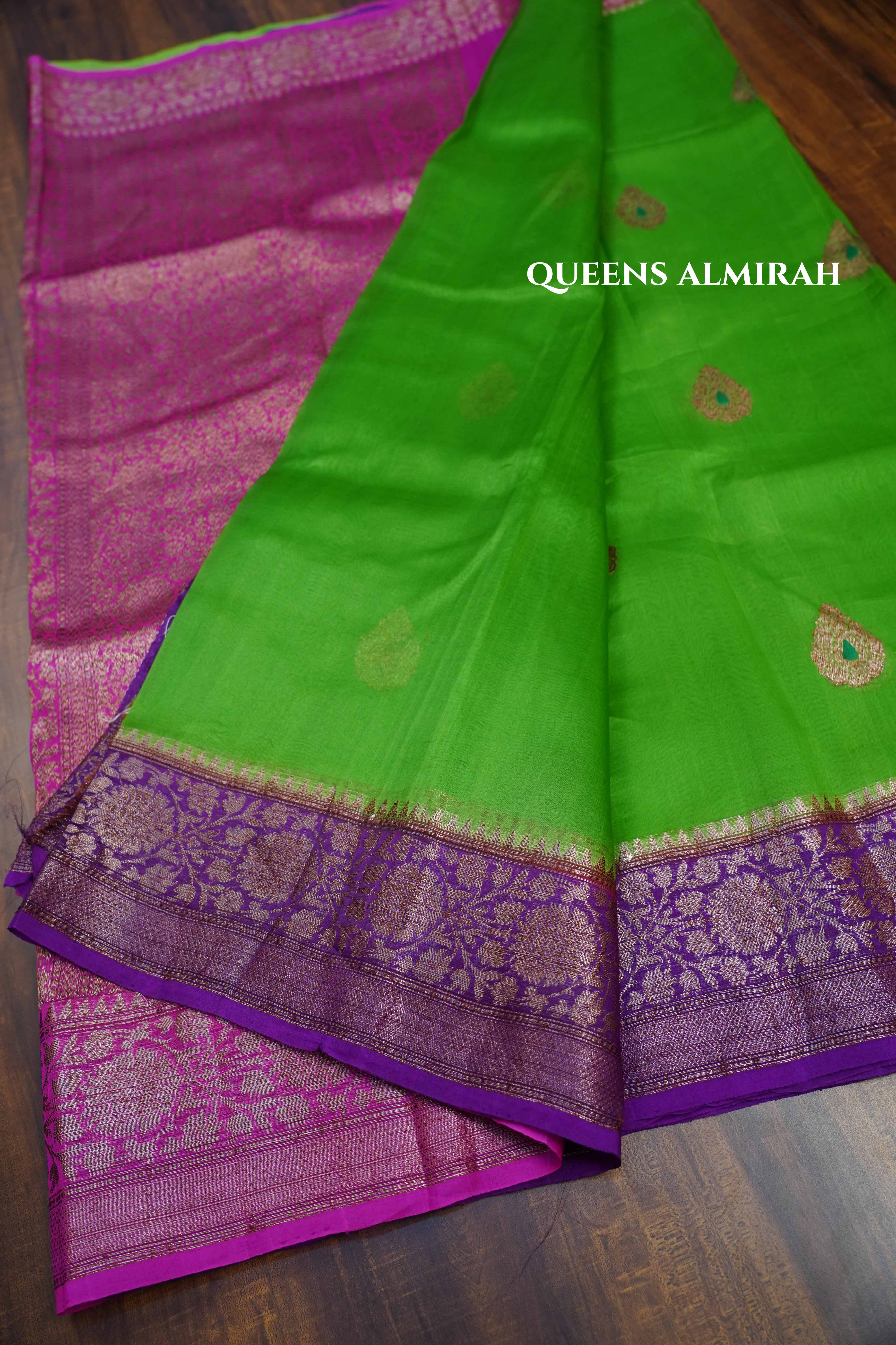 Green With Pink and Grape Purple Banarasi Organza Saree - Queens Jewel Emporium