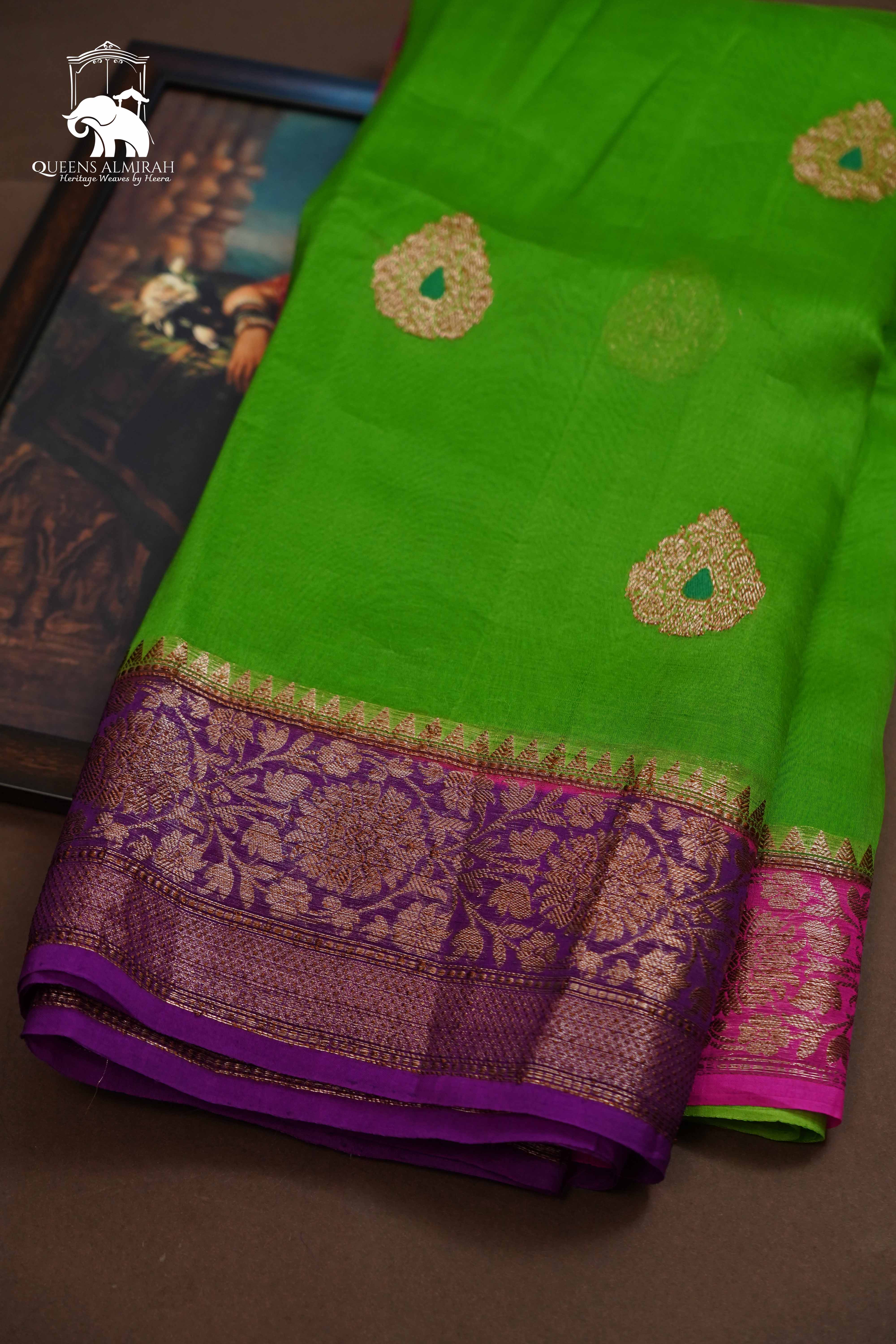 Green With Pink and Grape Purple Banarasi Organza Saree - Queens Jewel Emporium