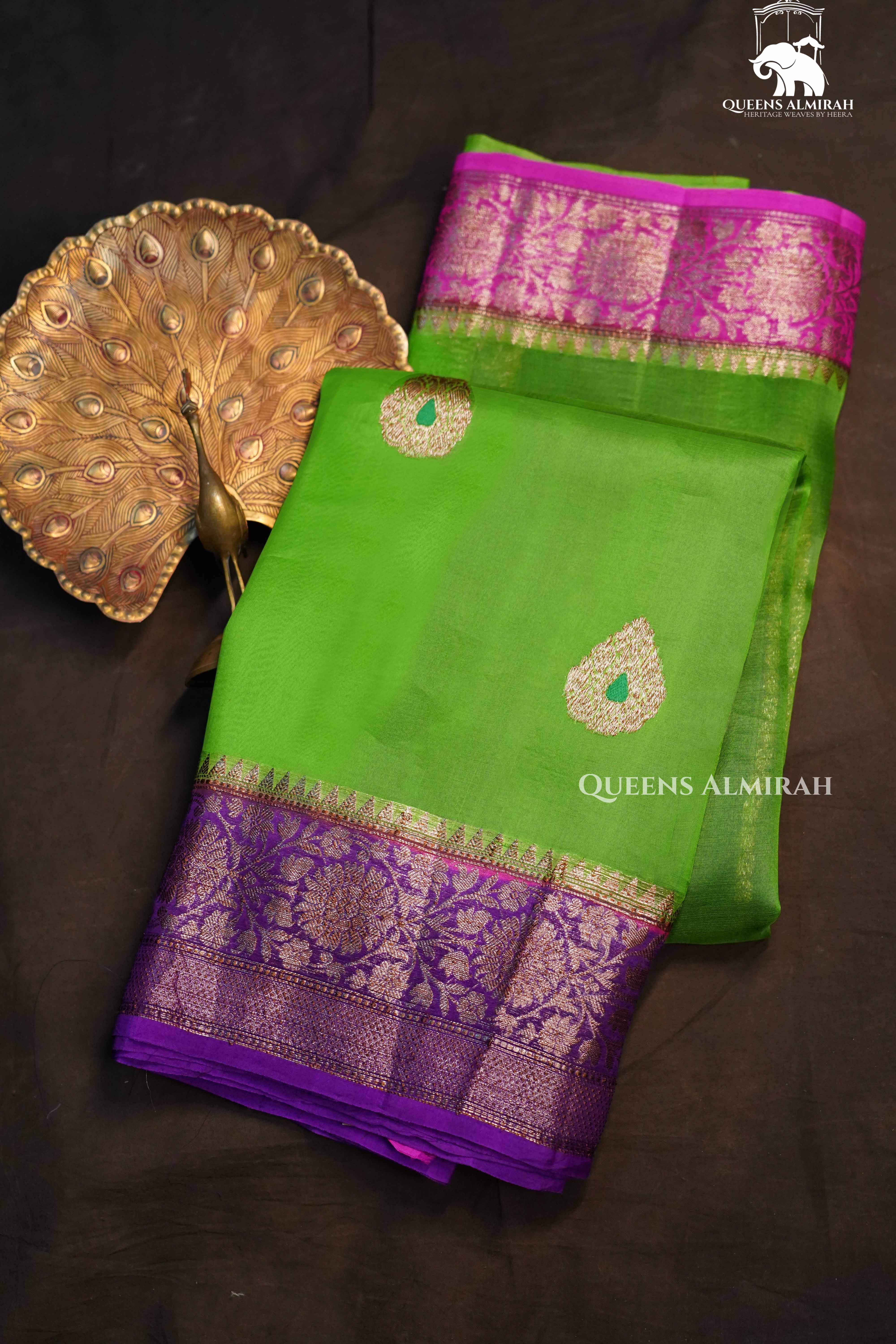 Green With Pink and Grape Purple Banarasi Organza Saree - Queens Jewel Emporium