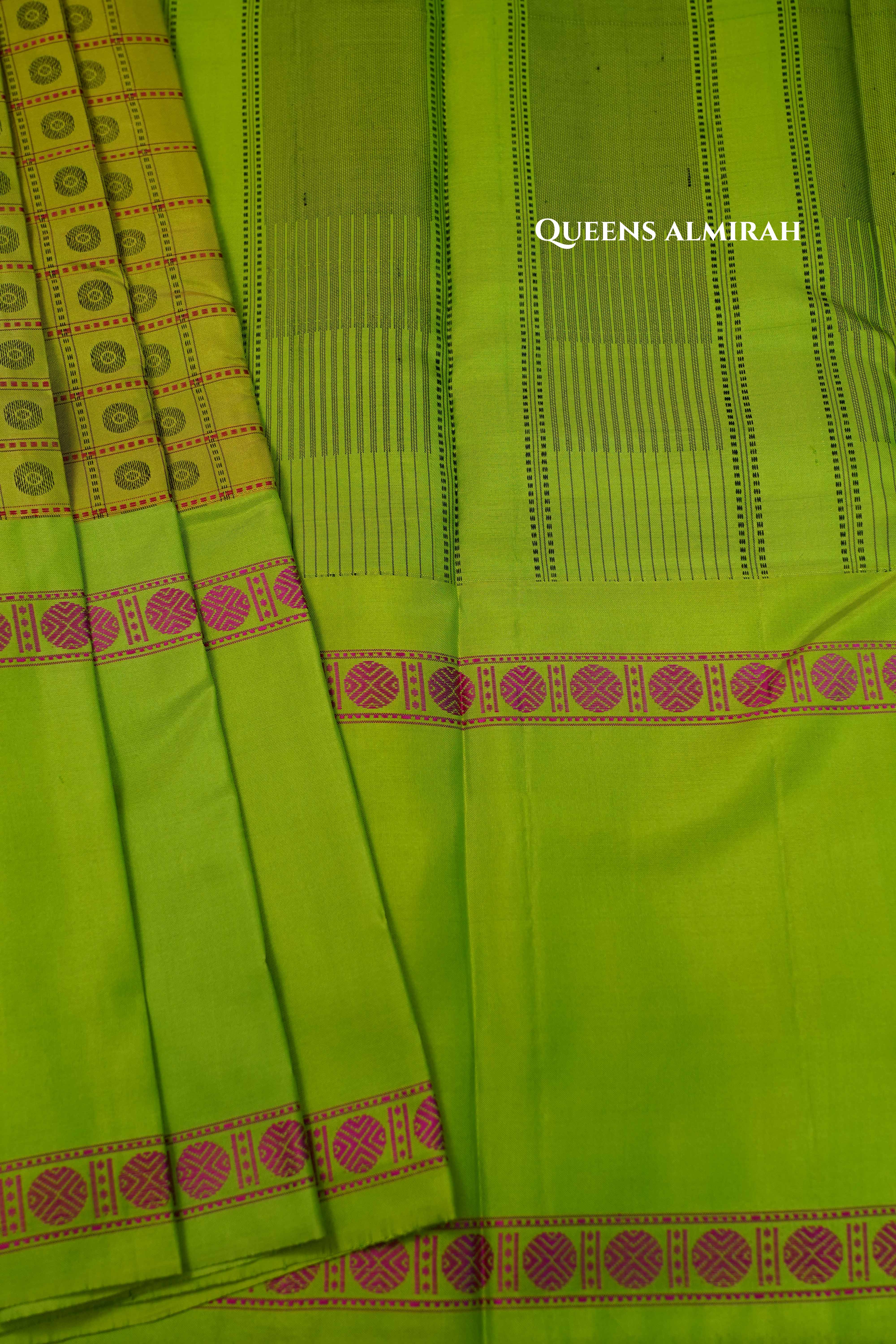 Green With Yellow Pure Kanchivaram Silk Saree QUEENS ALMIRAH