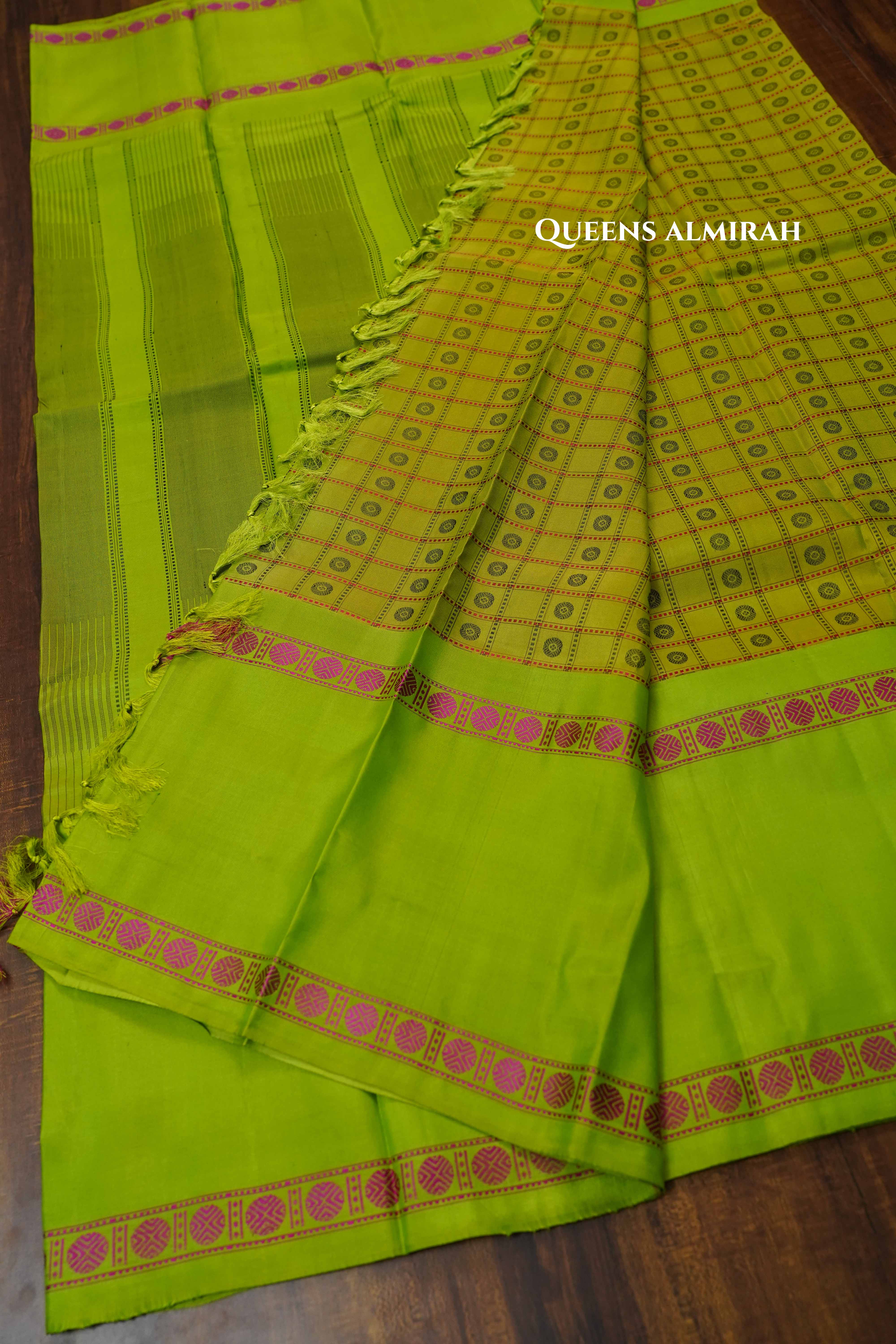 Green With Yellow Pure Kanchivaram Silk Saree QUEENS ALMIRAH