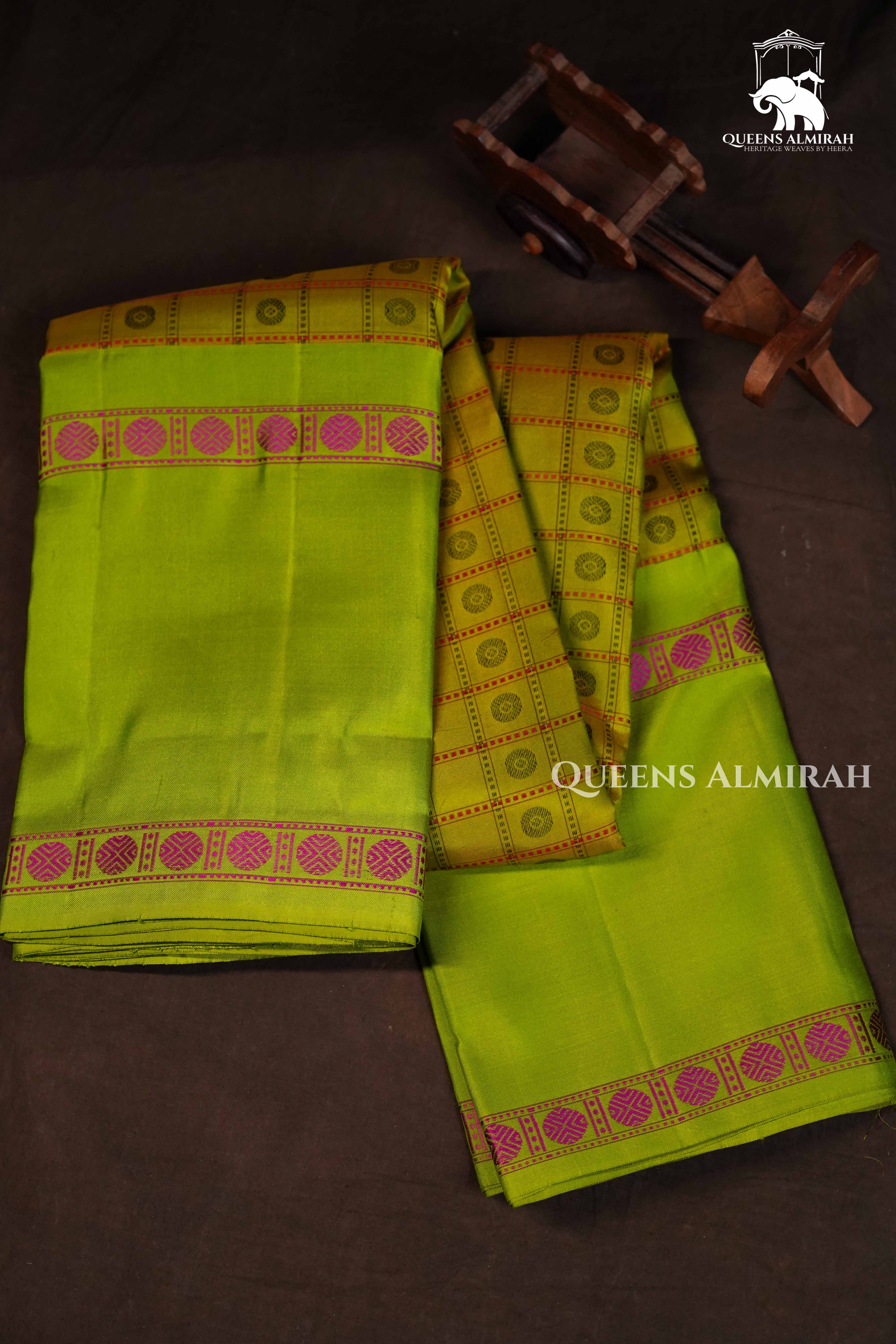 Green With Yellow Pure Kanchivaram Silk Saree QUEENS ALMIRAH