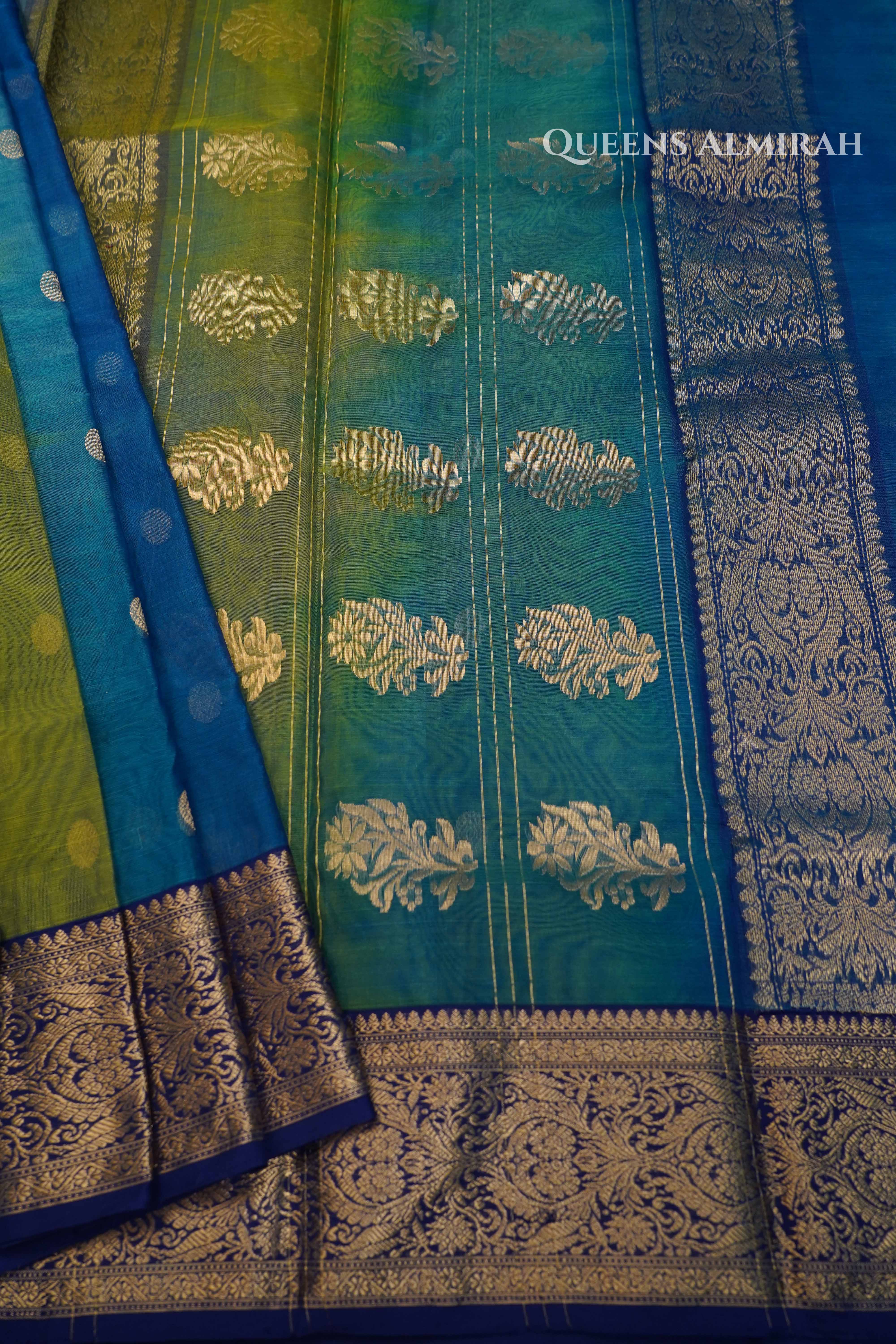 Green and Blue Chanderi Katan Silk Handloom Saree QUEENS ALMIRAH