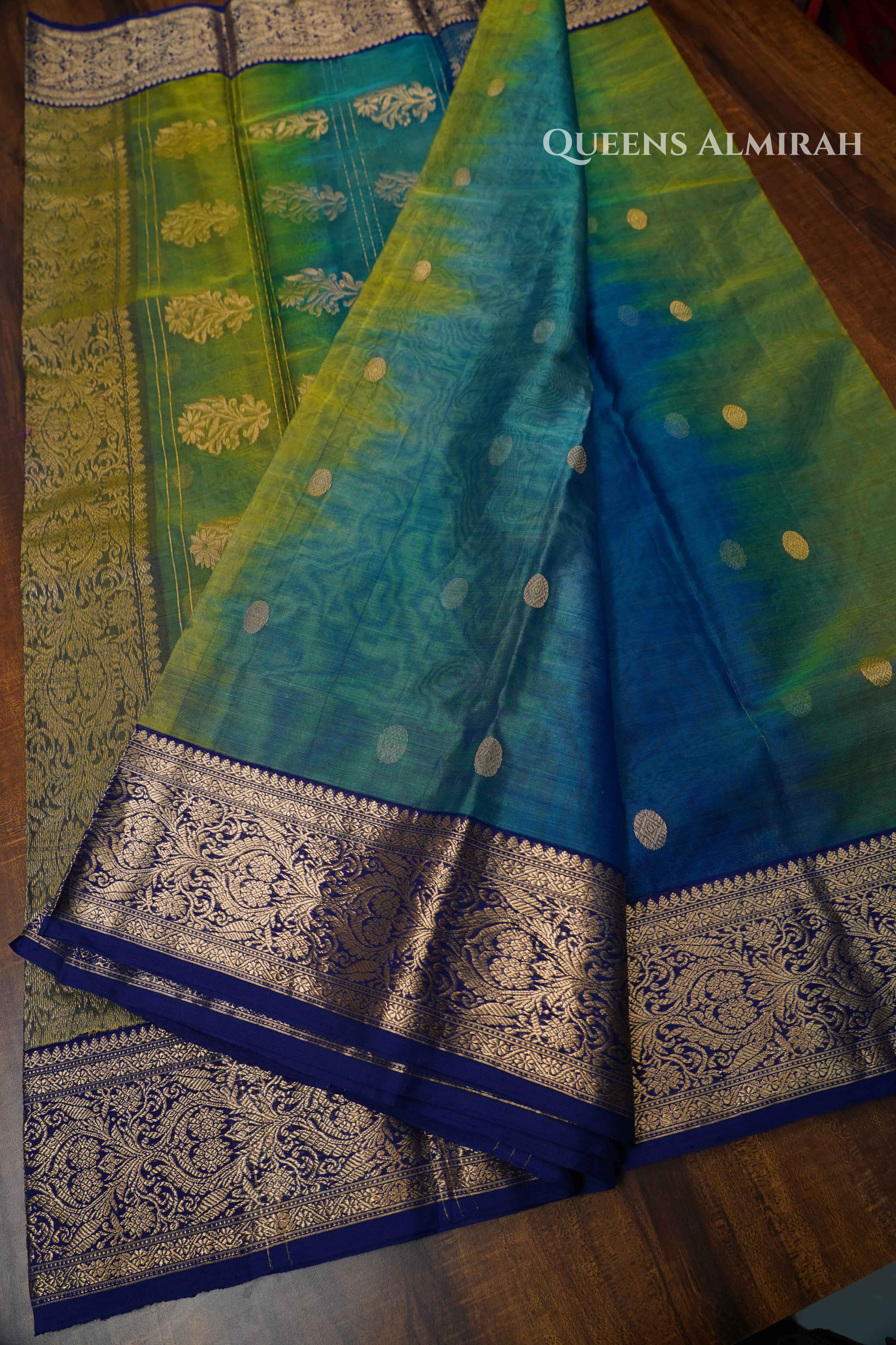 Green and Blue Chanderi Katan Silk Handloom Saree QUEENS ALMIRAH