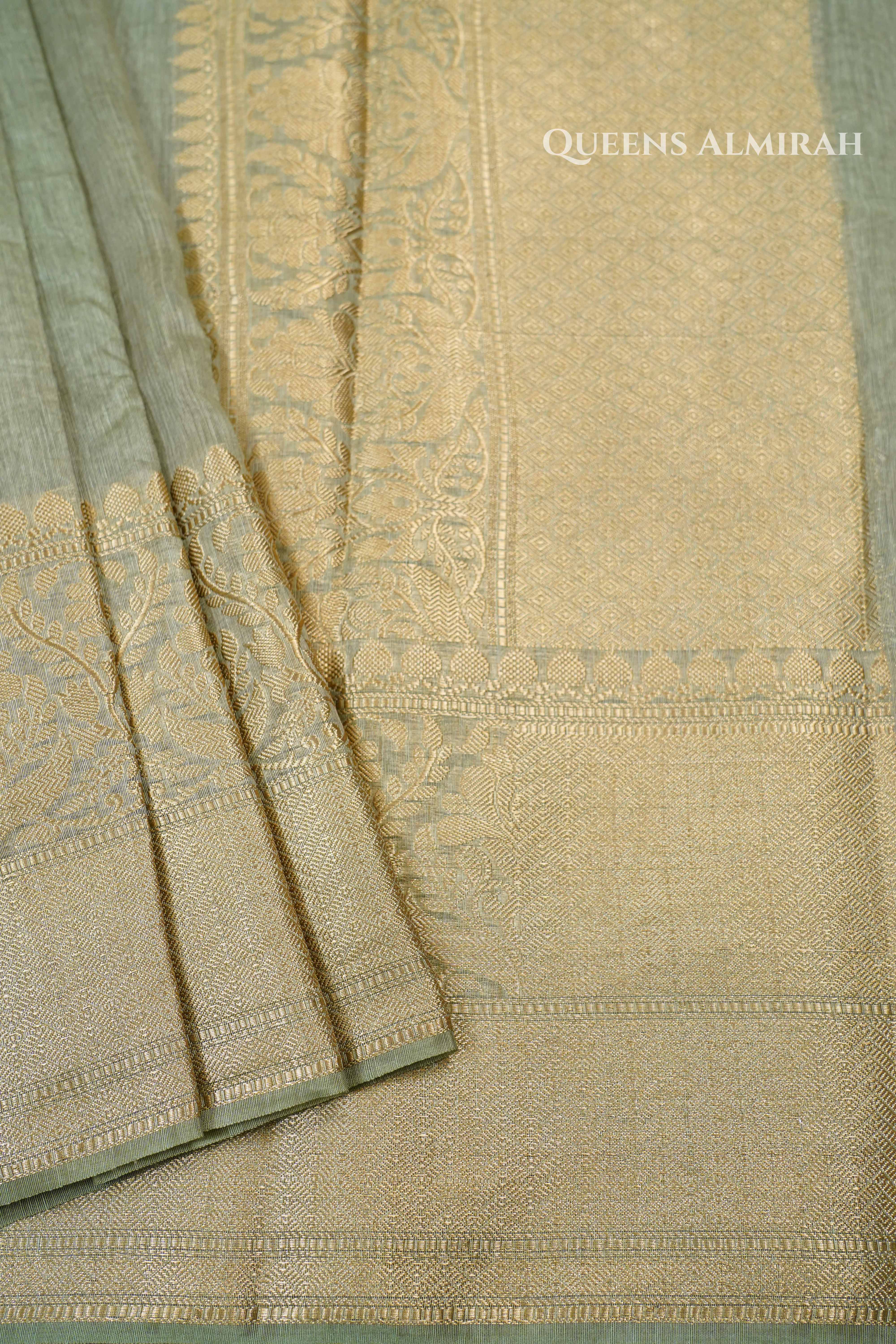 Grey Olive Banarasi Linen Saree QUEENS ALMIRAH