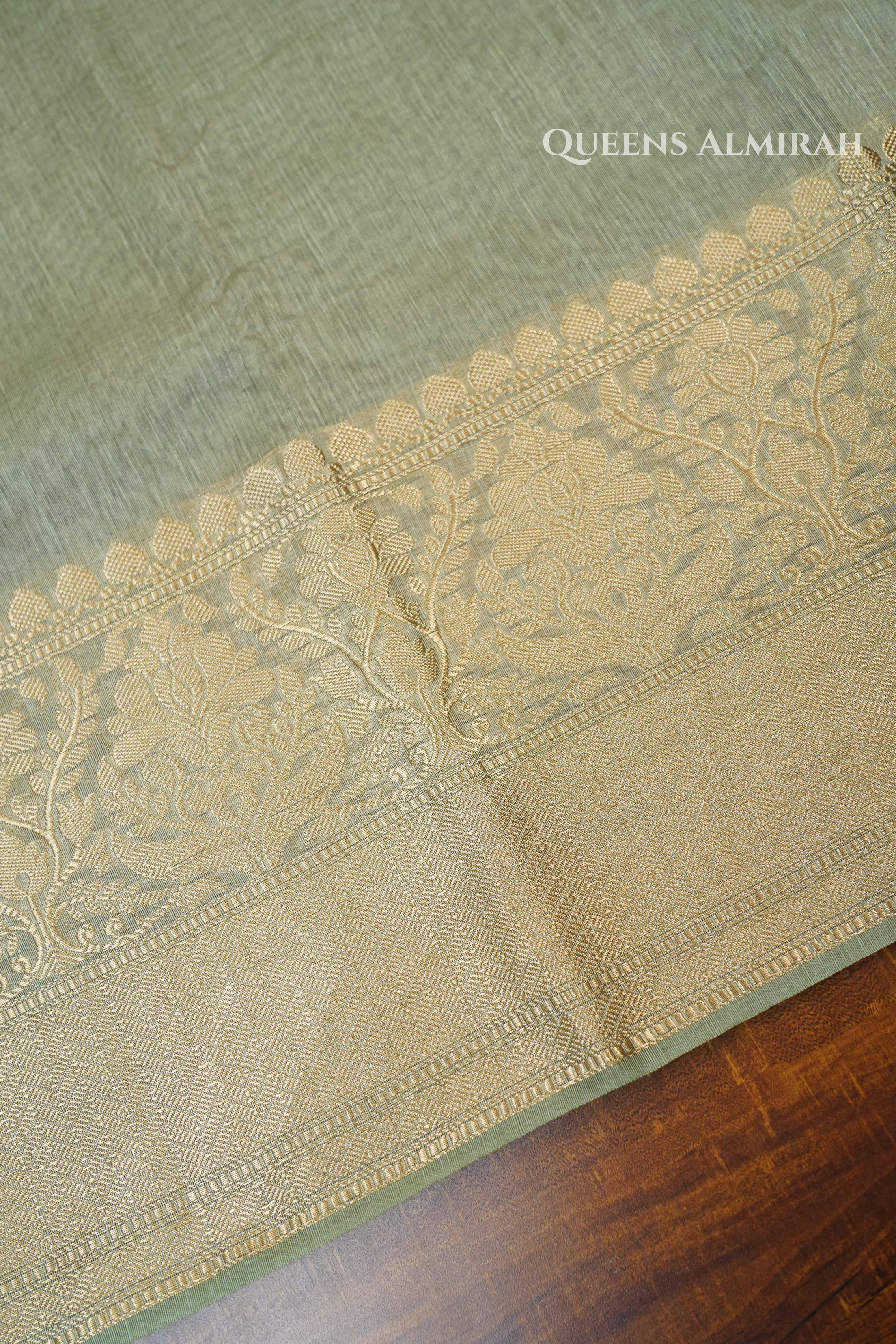 Grey Olive Banarasi Linen Saree QUEENS ALMIRAH