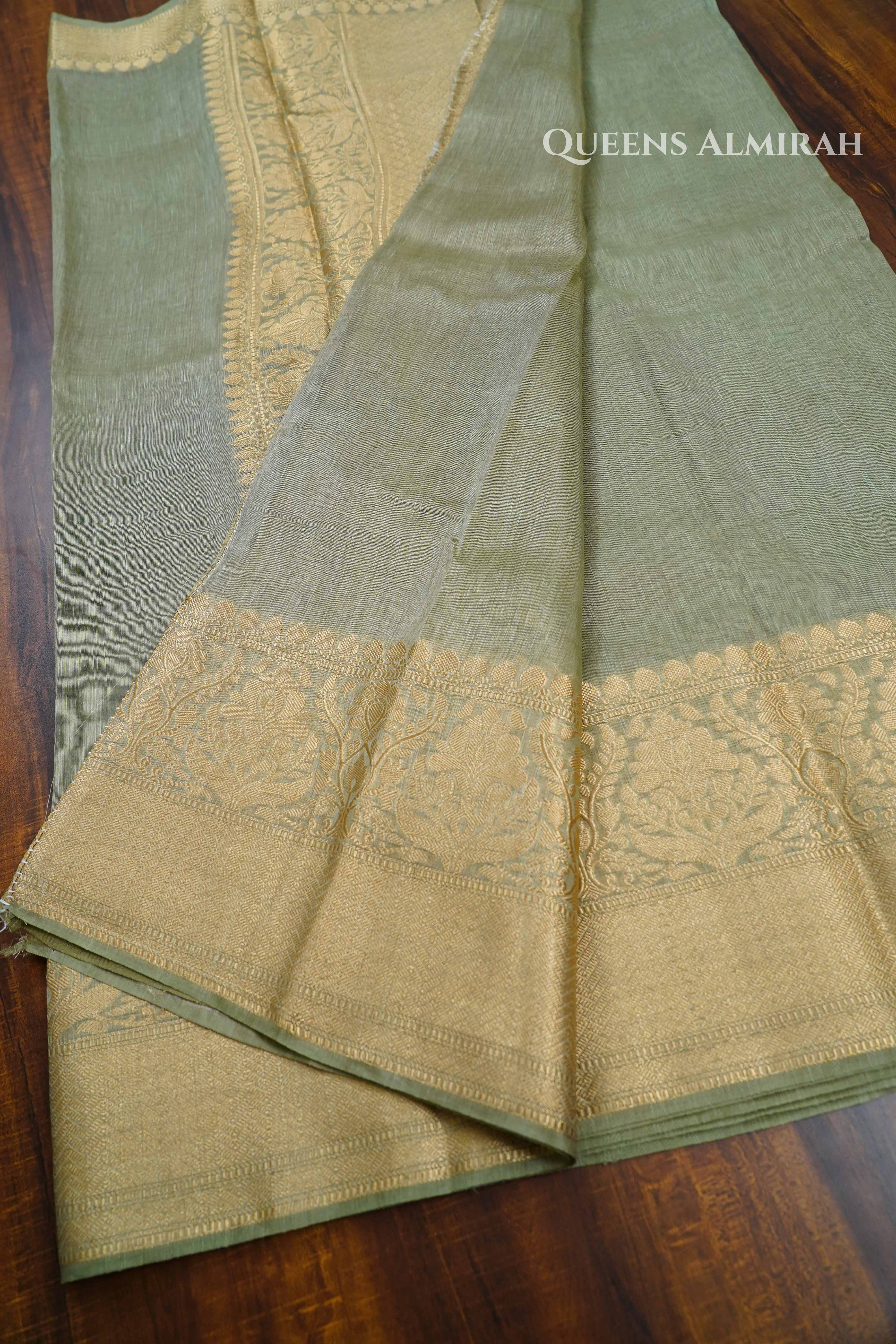 Grey Olive Banarasi Linen Saree QUEENS ALMIRAH