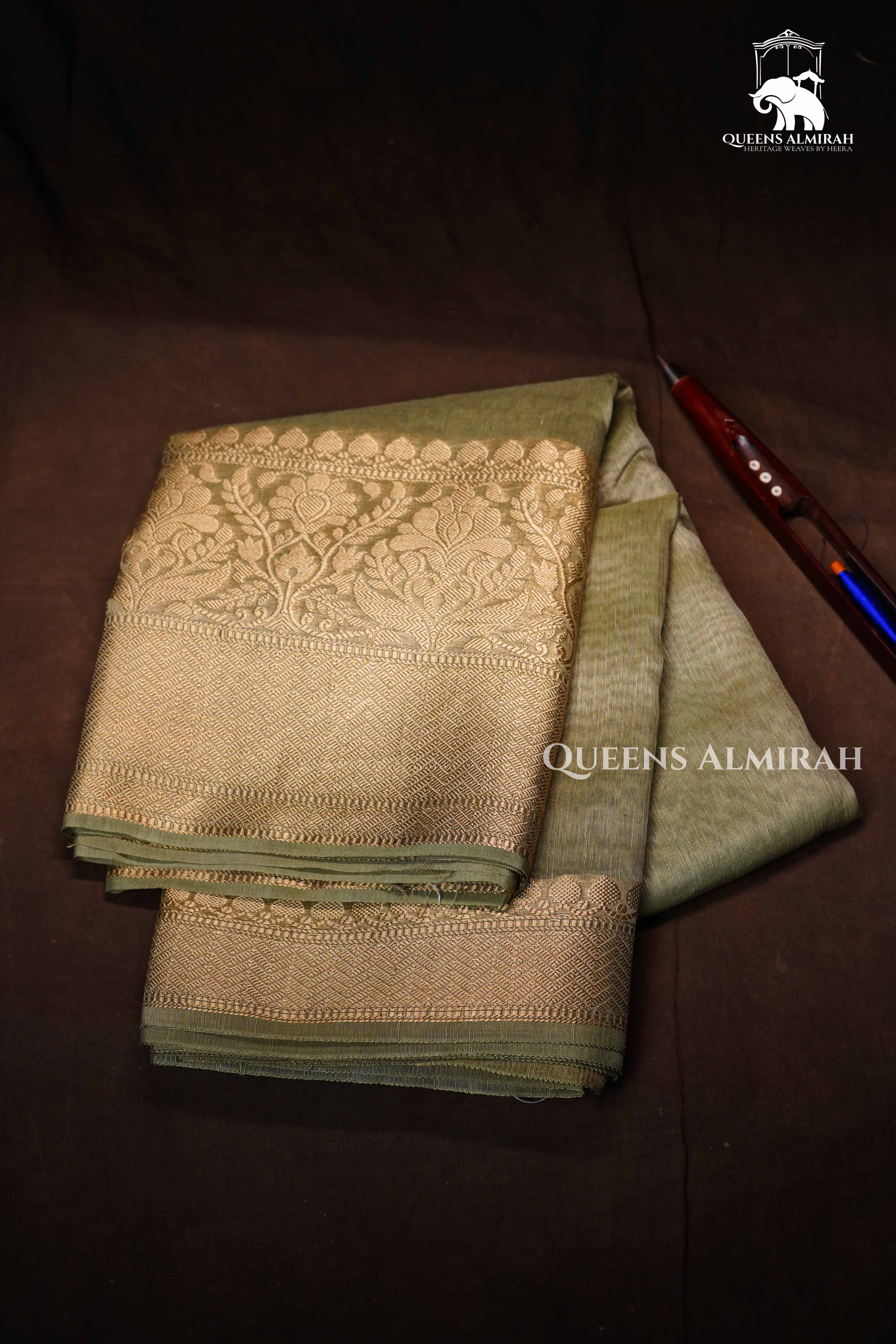 Grey Olive Banarasi Linen Saree QUEENS ALMIRAH