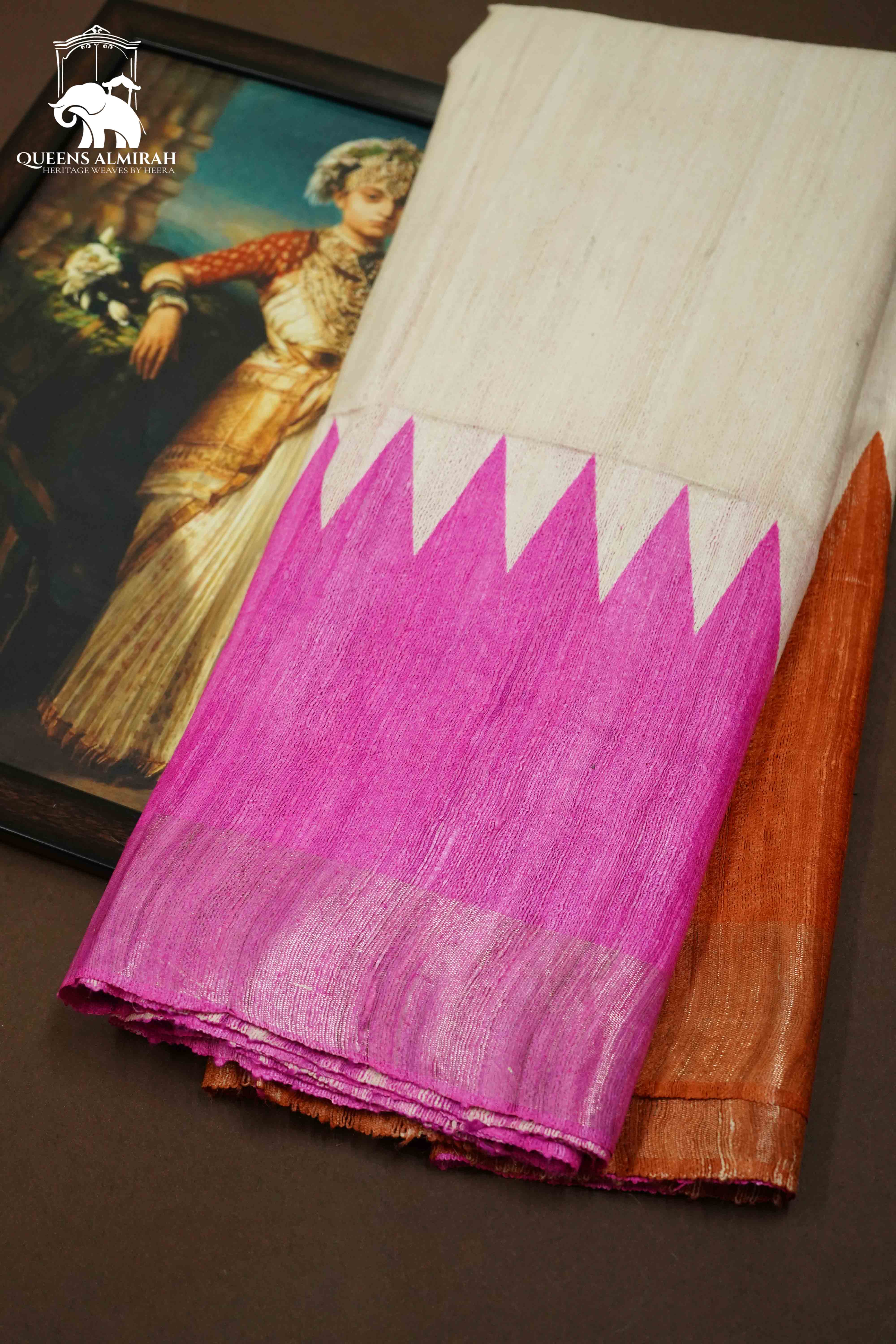 HALF WHITE WITH WARM PINK GHICHA TUSSER SILK SAREE - Queens Jewel Emporium
