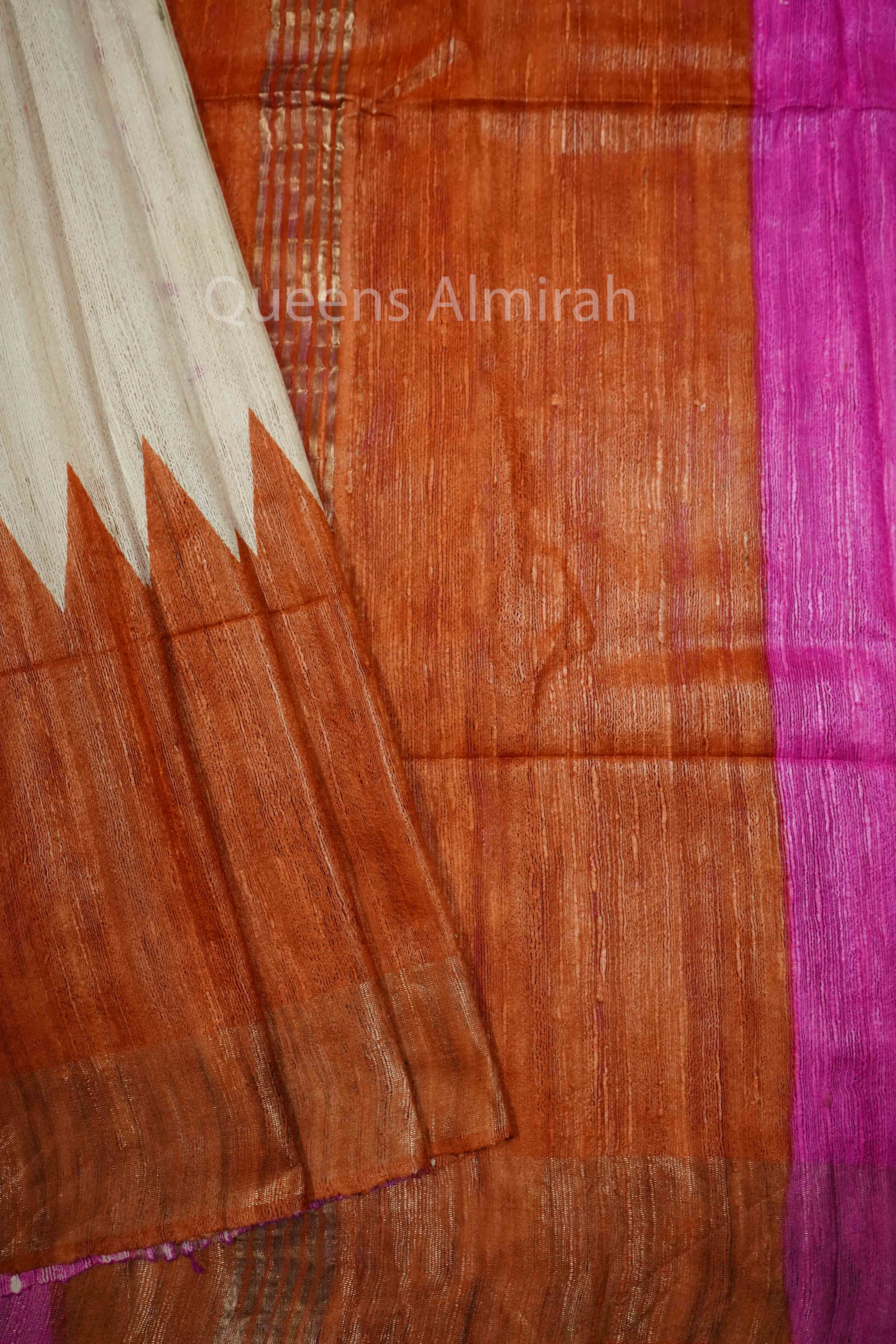 HALF WHITE WITH WARM PINK GHICHA TUSSER SILK SAREE - Queens Jewel Emporium