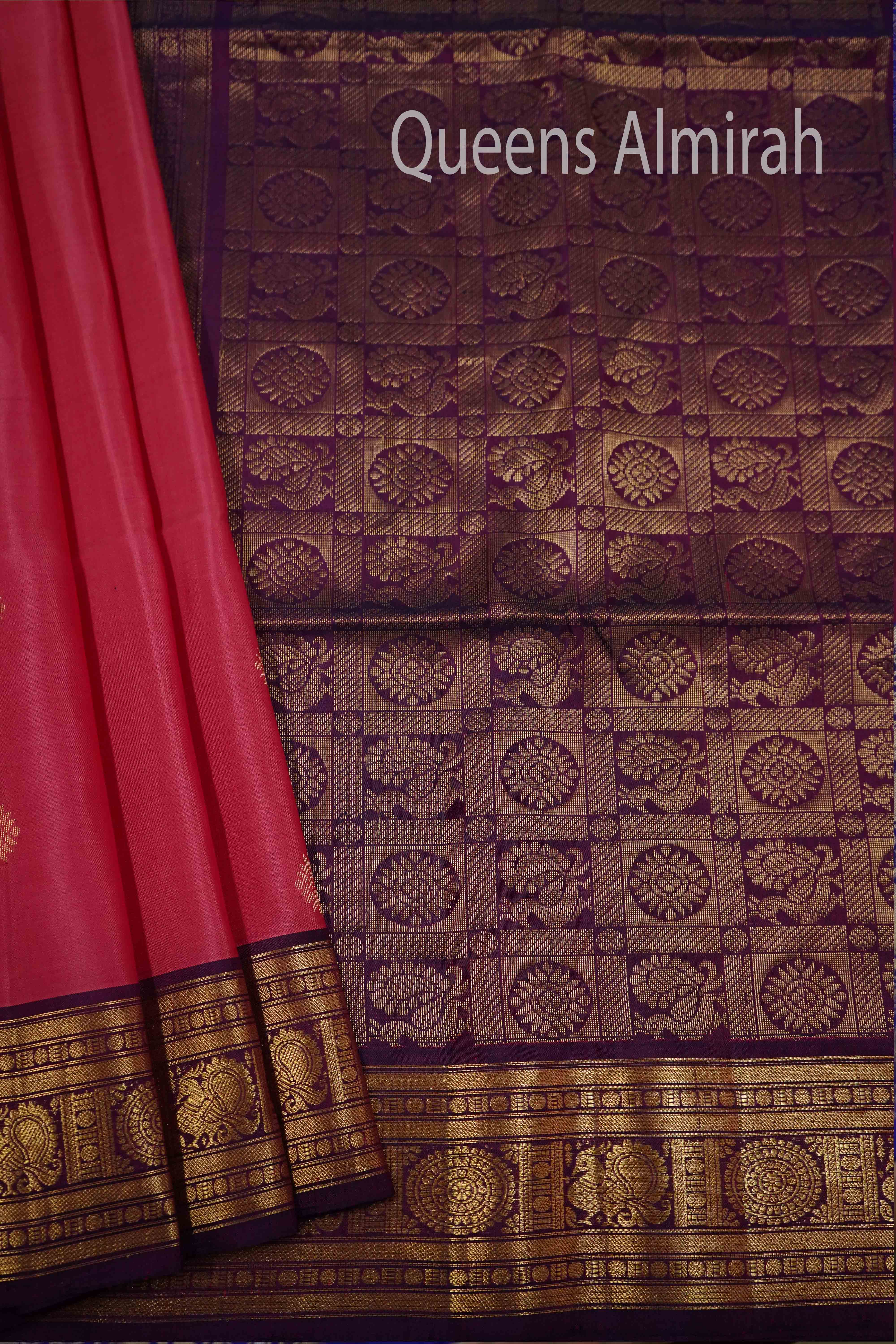 HIBISCUS PINK WITH SALVIA PURPLE DESIGNER SILK SAREE - Queens Jewel Emporium