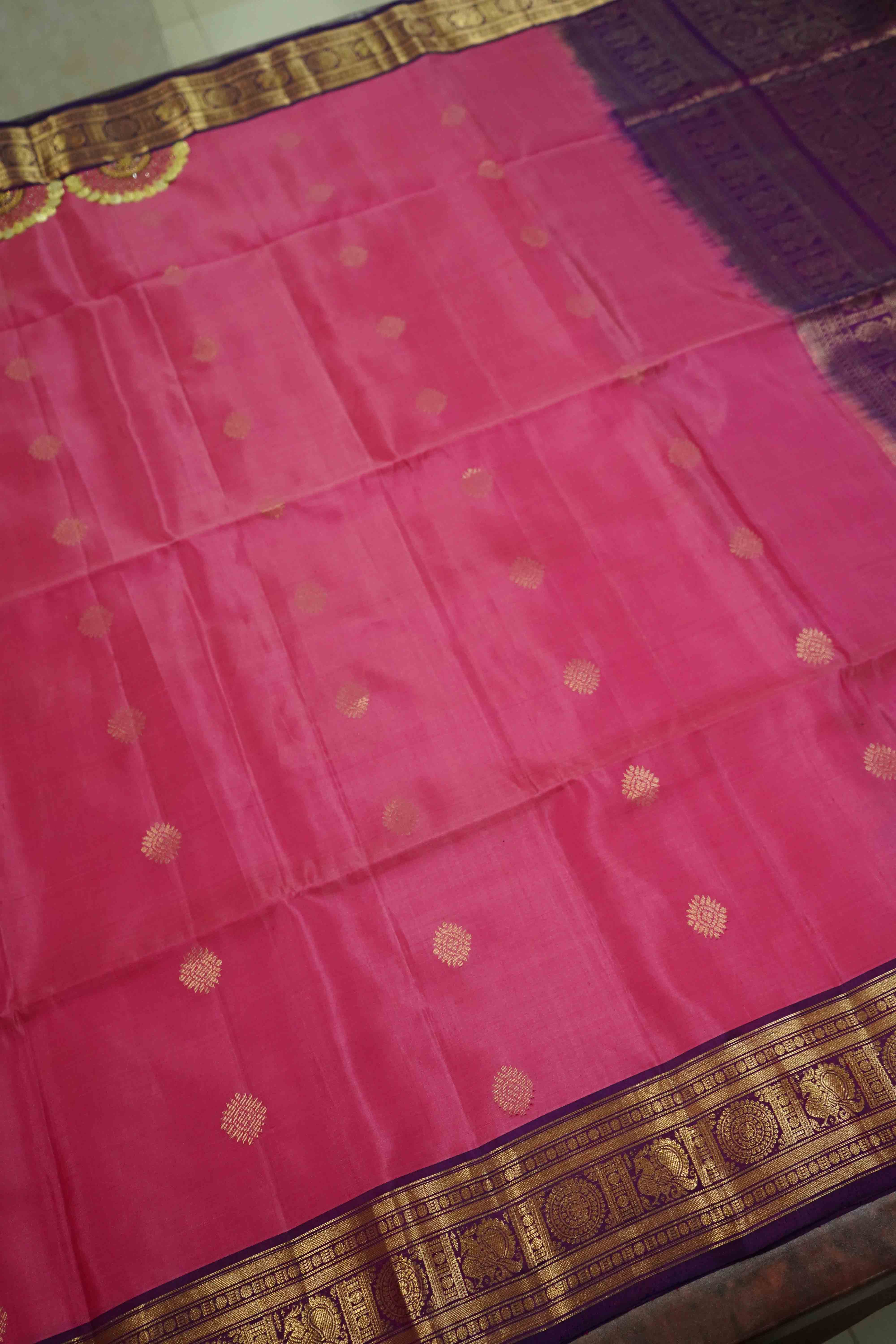 HIBISCUS PINK WITH SALVIA PURPLE DESIGNER SILK SAREE - Queens Jewel Emporium