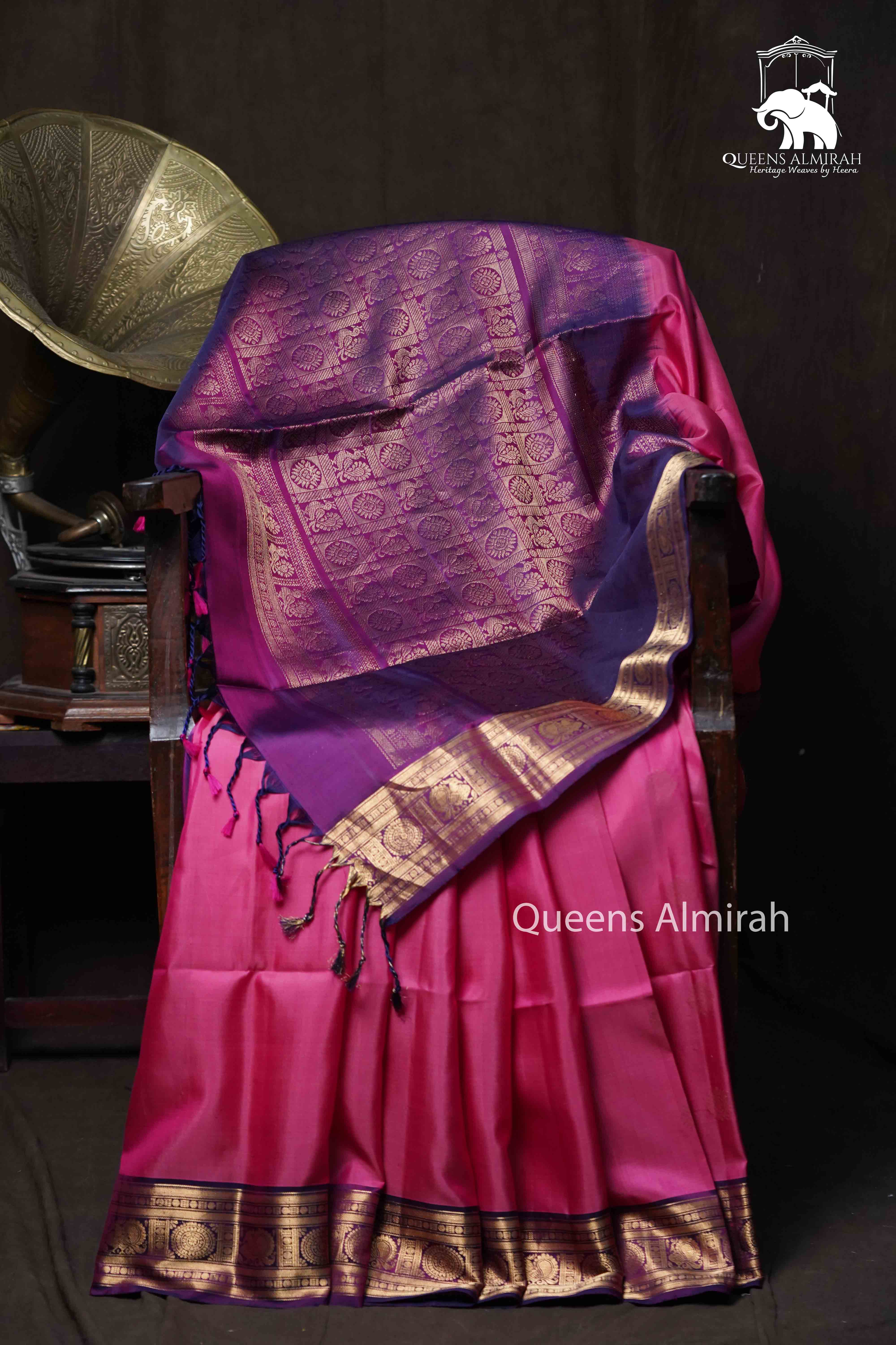 Hibiscus Pink With Salvia Purple Designer Silk Saree - Queens Jewel Emporium
