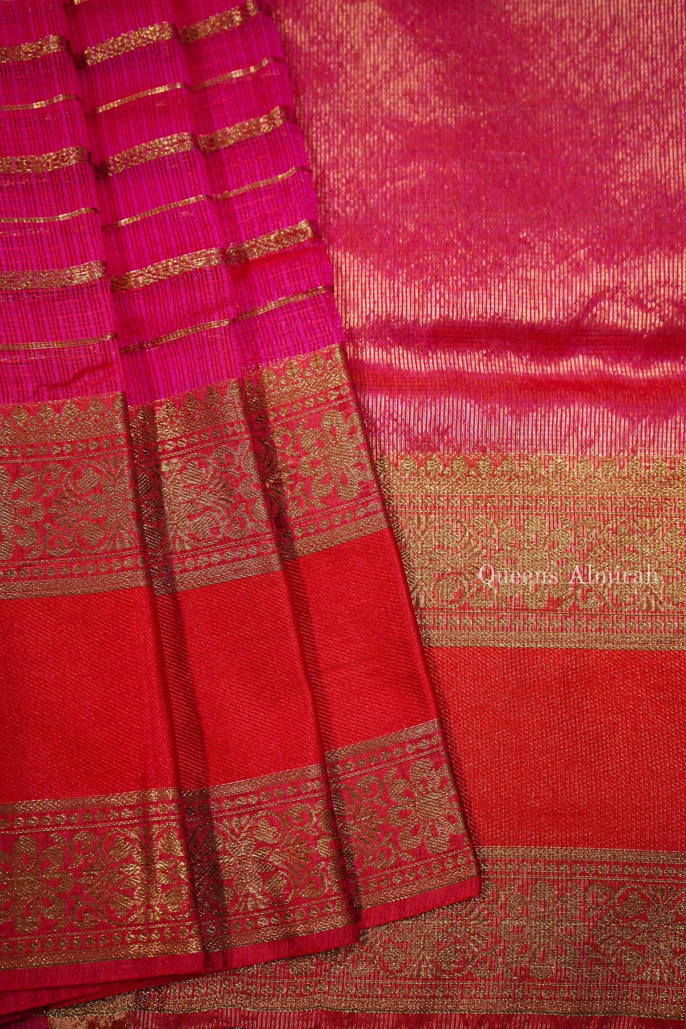 HOT PINK WITH ZARI WOVEN BORDER KOTA SILK SAREE - Queens Jewel Emporium