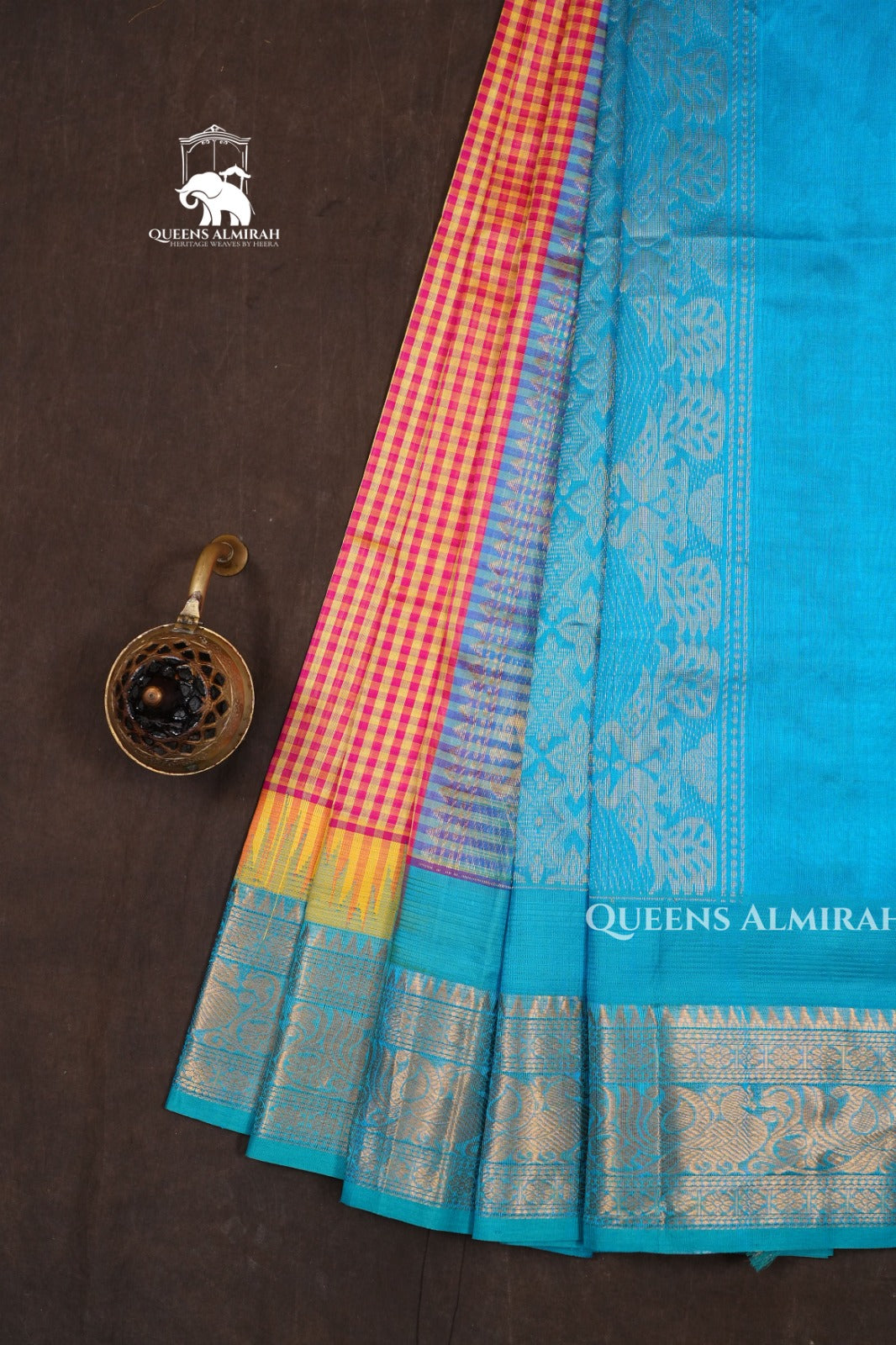 White And Orange Checked With Blue Pure Silk Cotton Saree