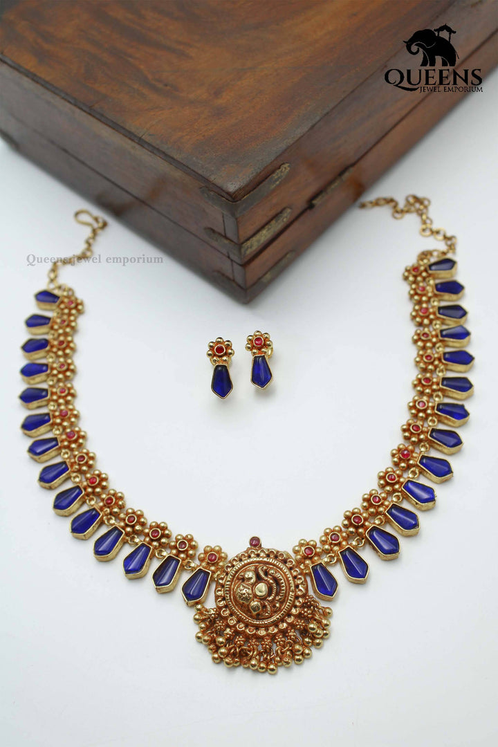 NAGAPADAM NECKLACE SET - BLUE - Queens Jewel Emporium