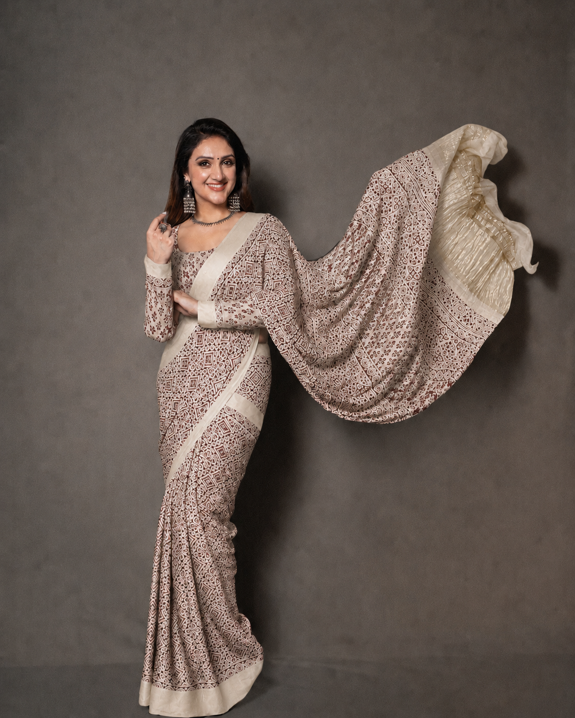 Sridevi Sandal Ajrakh Mirror Work Modal Silk Saree