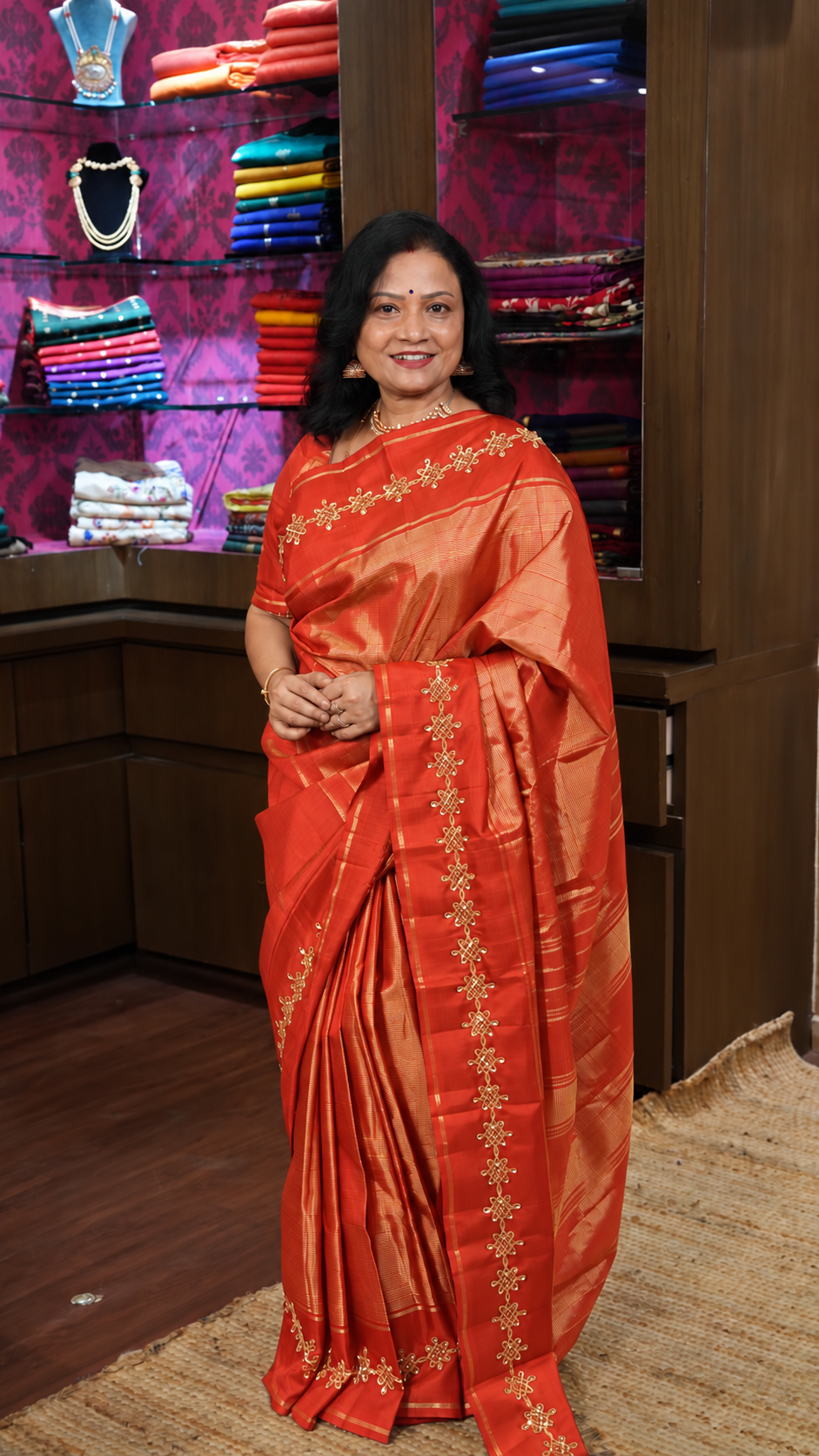 Bright Orange Kolam Pure Kanchivaram Designer Silk Saree
