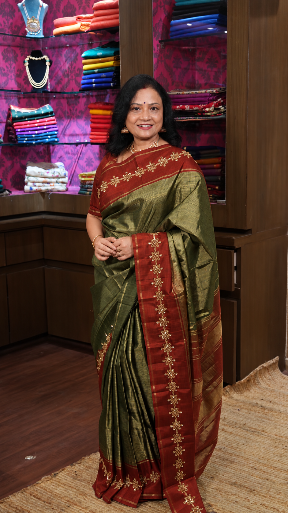 Dark Green With Brick Red Kolam Pure Kanchivaram Designer Silk Saree