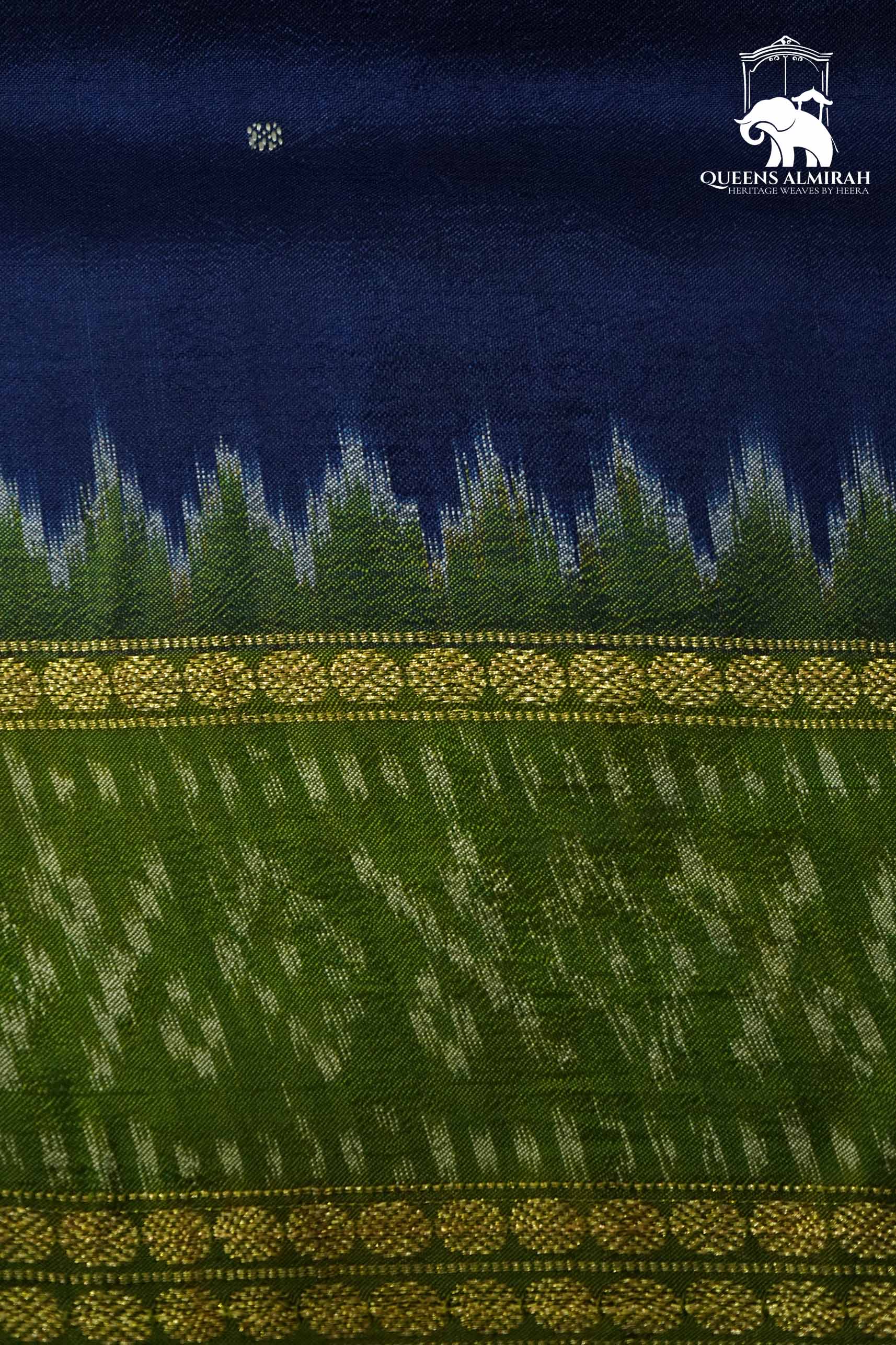 INDIGO BLUE WITH OLIVE GREEN MULBERRY SILK SAREE - Queens Jewel Emporium