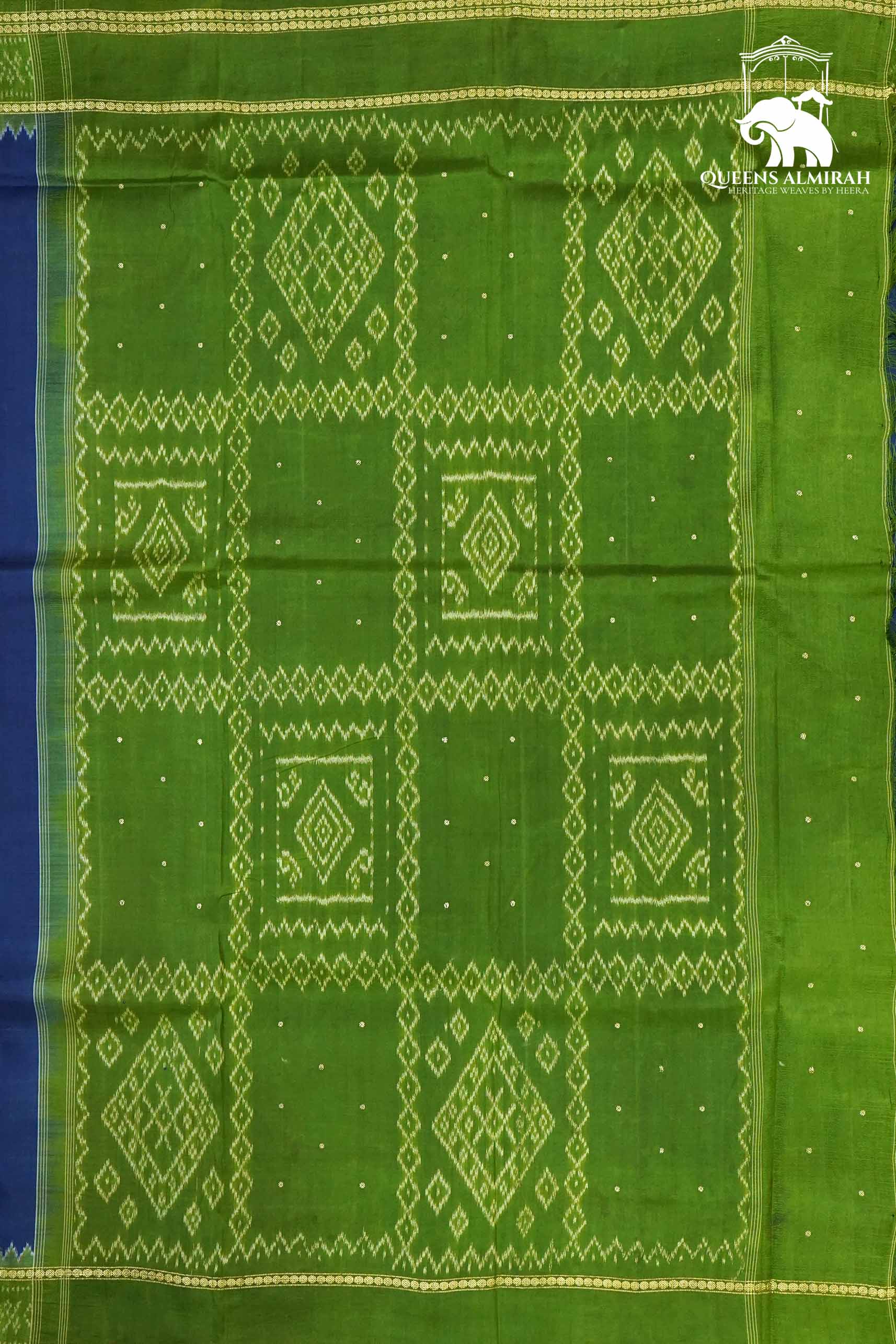 INDIGO BLUE WITH OLIVE GREEN MULBERRY SILK SAREE - Queens Jewel Emporium