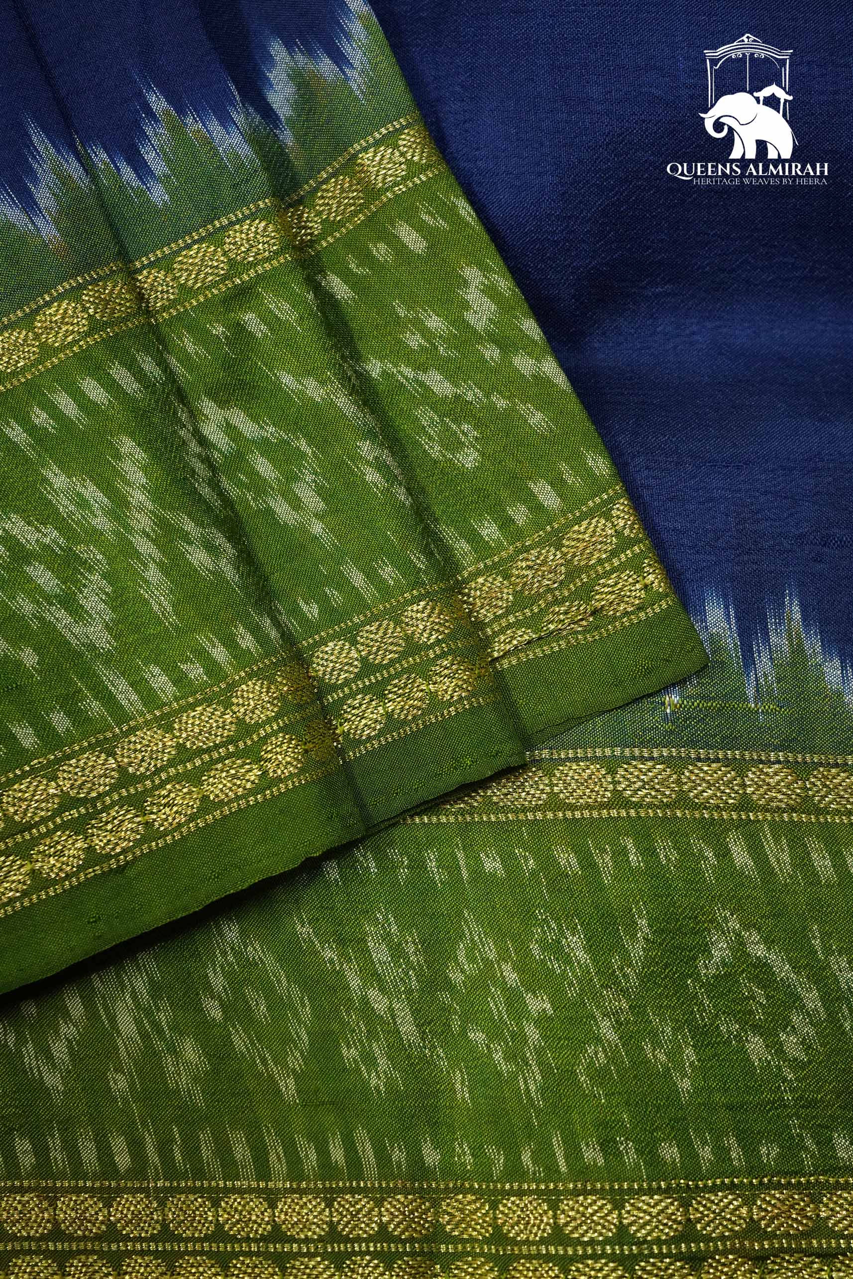INDIGO BLUE WITH OLIVE GREEN MULBERRY SILK SAREE - Queens Jewel Emporium