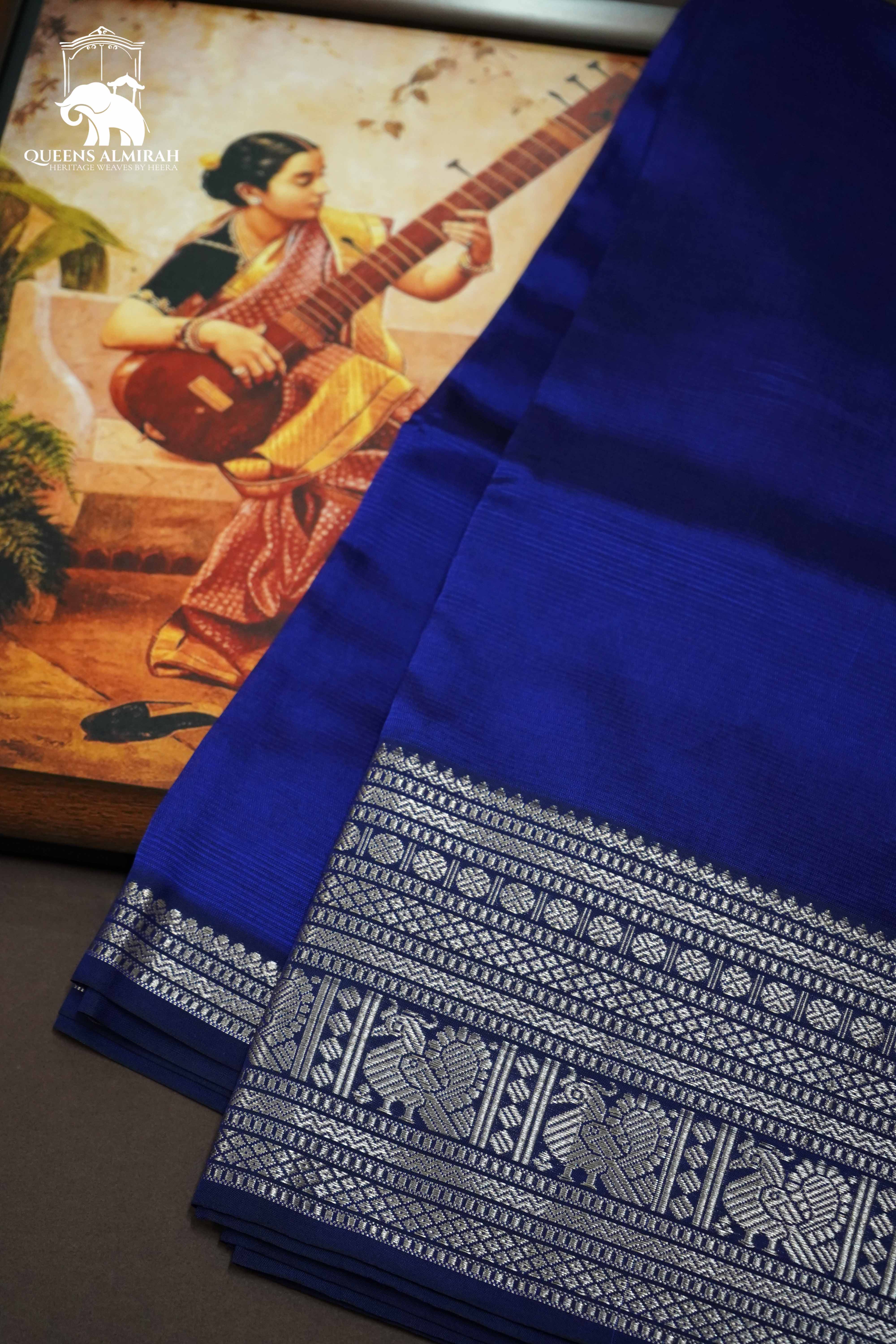 INDIGO VIOLET WITH WOVEN BORDER MANGALGIRI SAREE - Queens Jewel Emporium