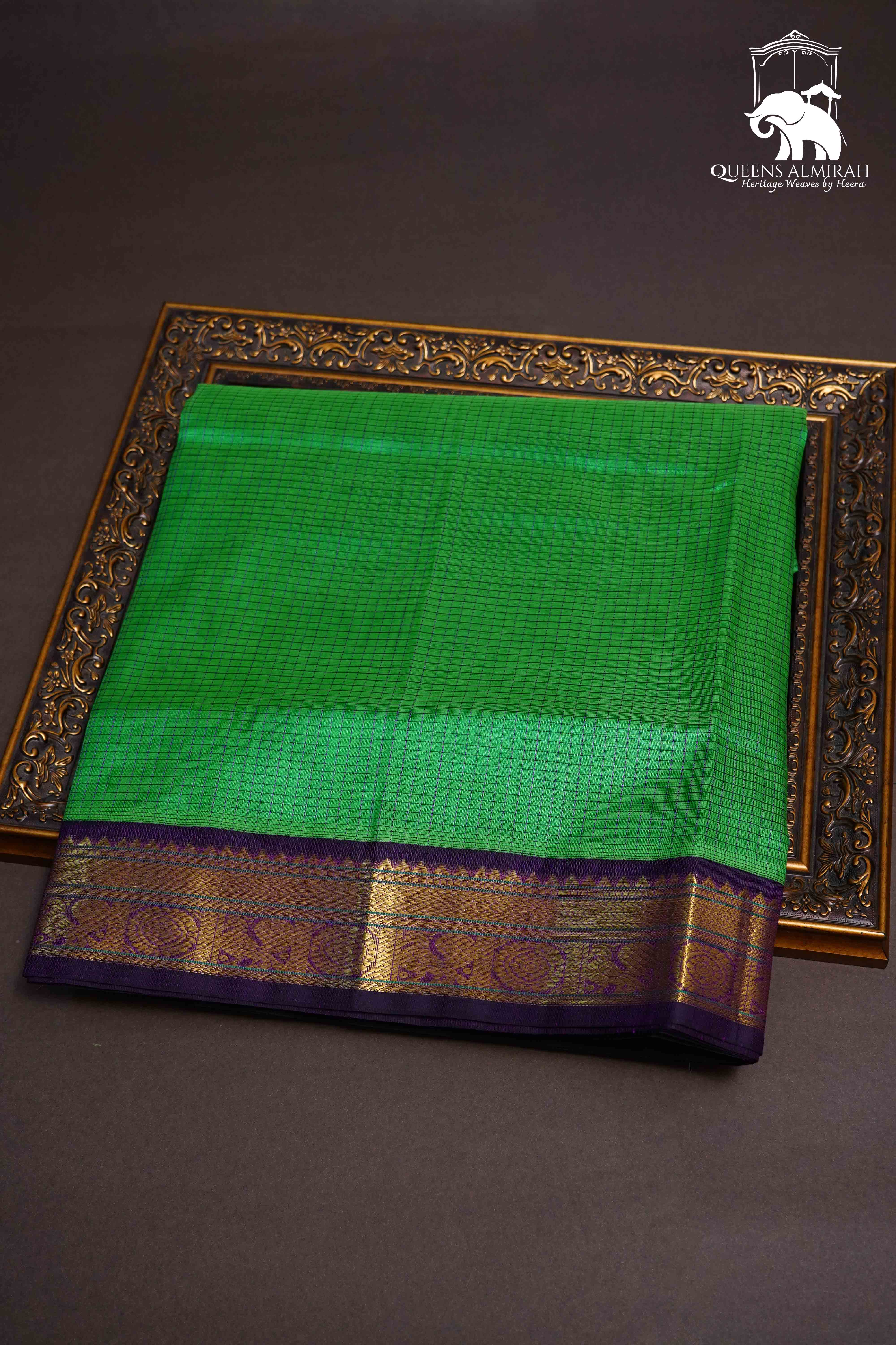 IRIS GREEN WITH BLACKBERRY PURE SILK COTTON SAREE - Queens Jewel Emporium