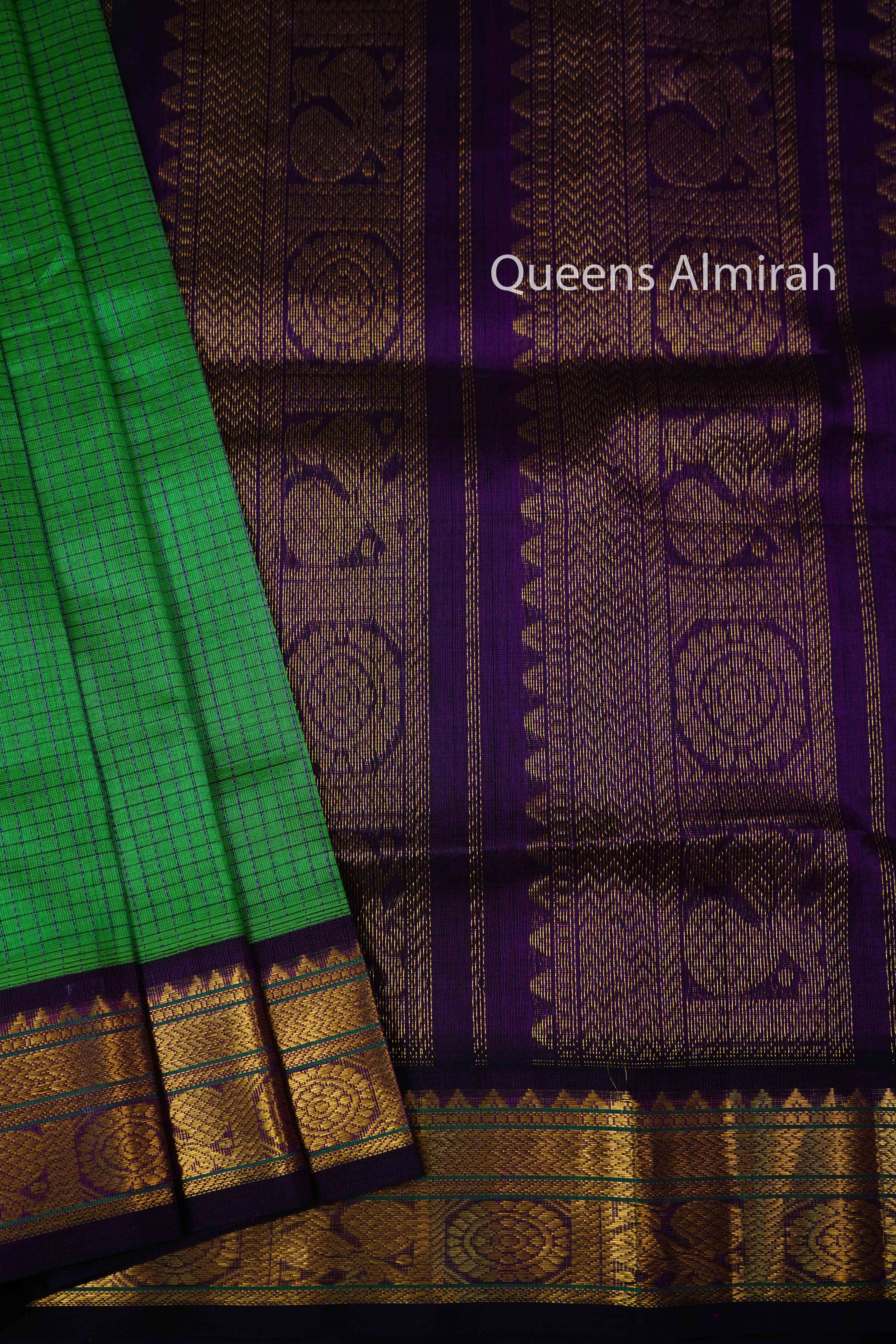IRIS GREEN WITH BLACKBERRY PURE SILK COTTON SAREE - Queens Jewel Emporium