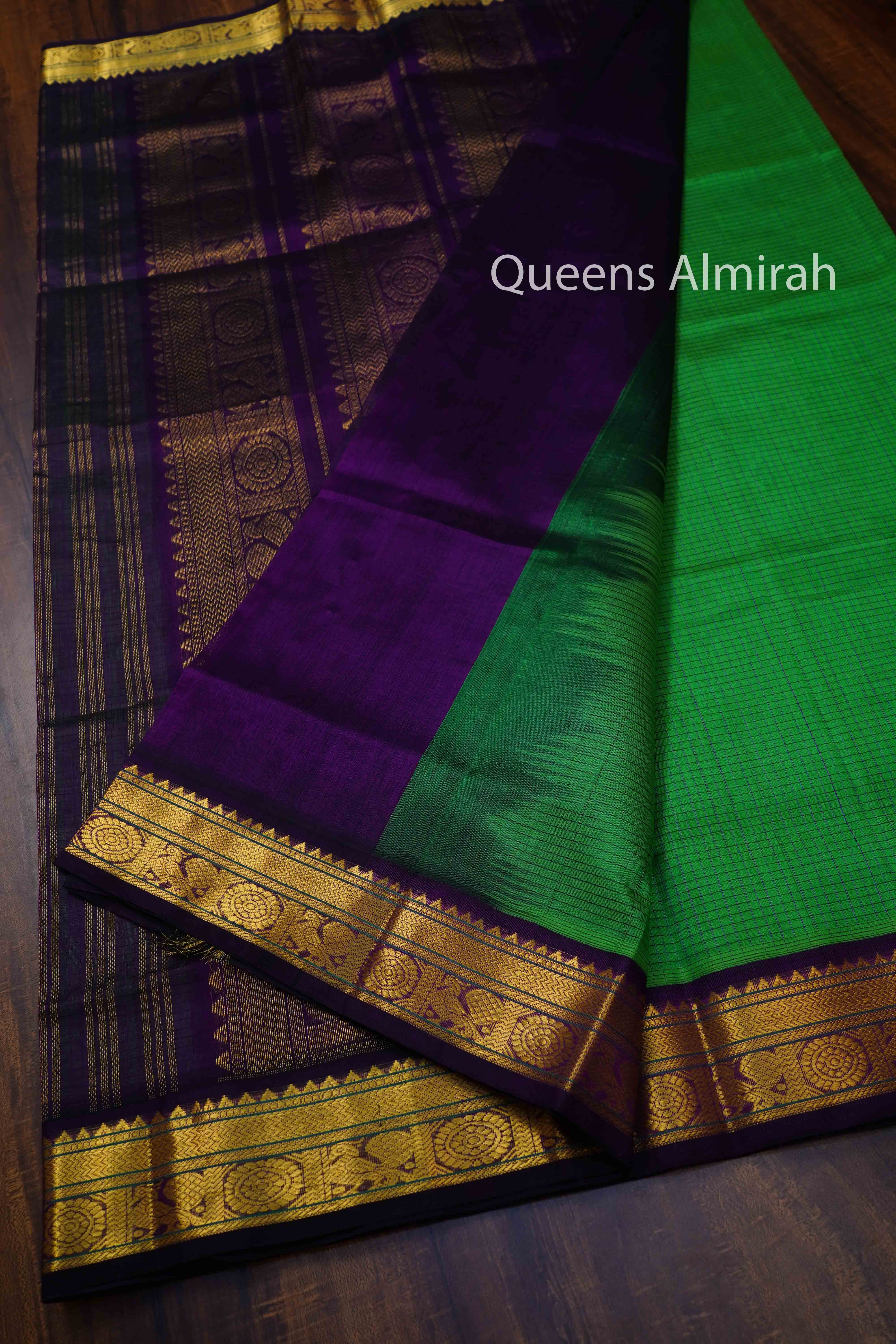 IRIS GREEN WITH BLACKBERRY PURE SILK COTTON SAREE - Queens Jewel Emporium