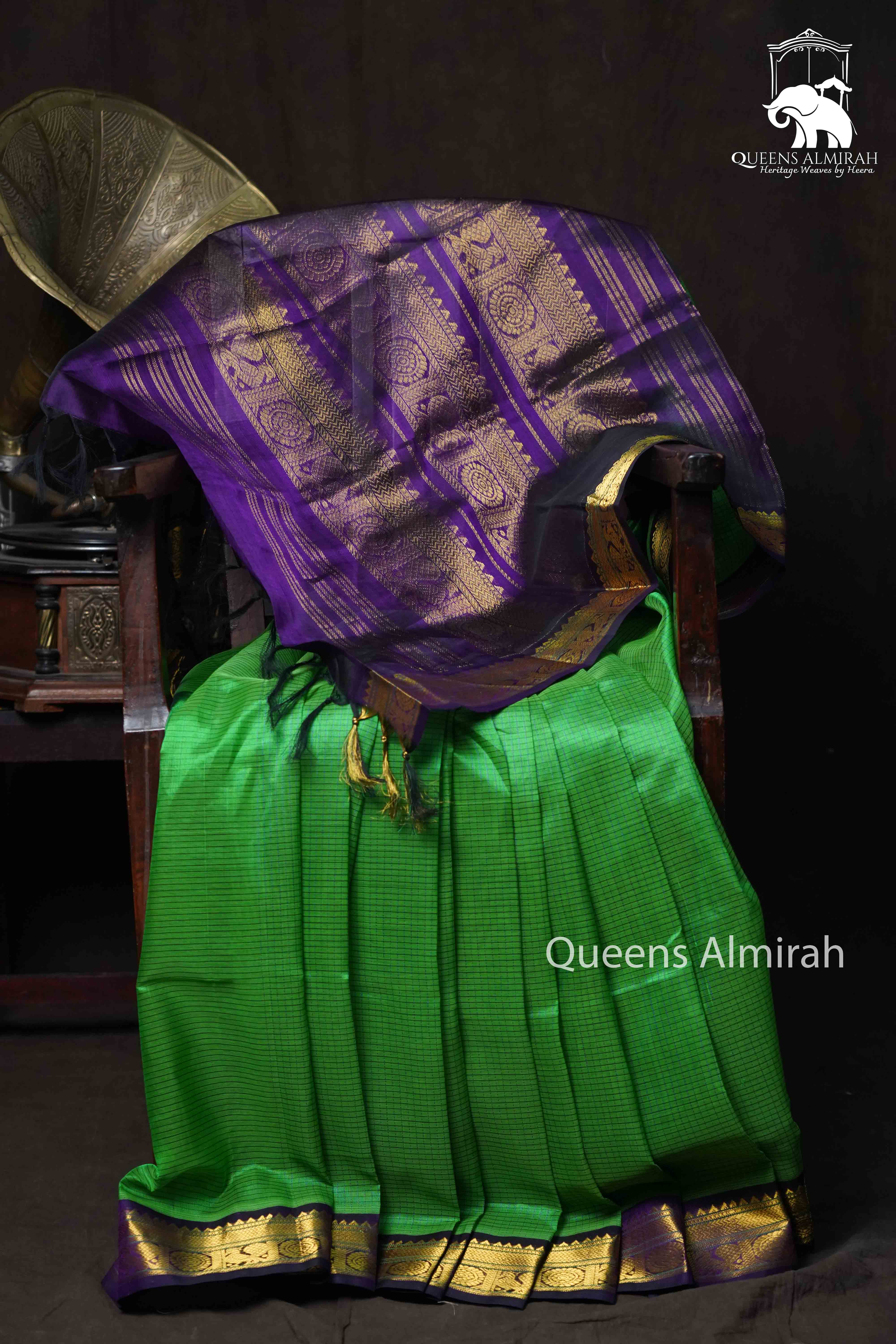 IRIS GREEN WITH BLACKBERRY PURE SILK COTTON SAREE - Queens Jewel Emporium