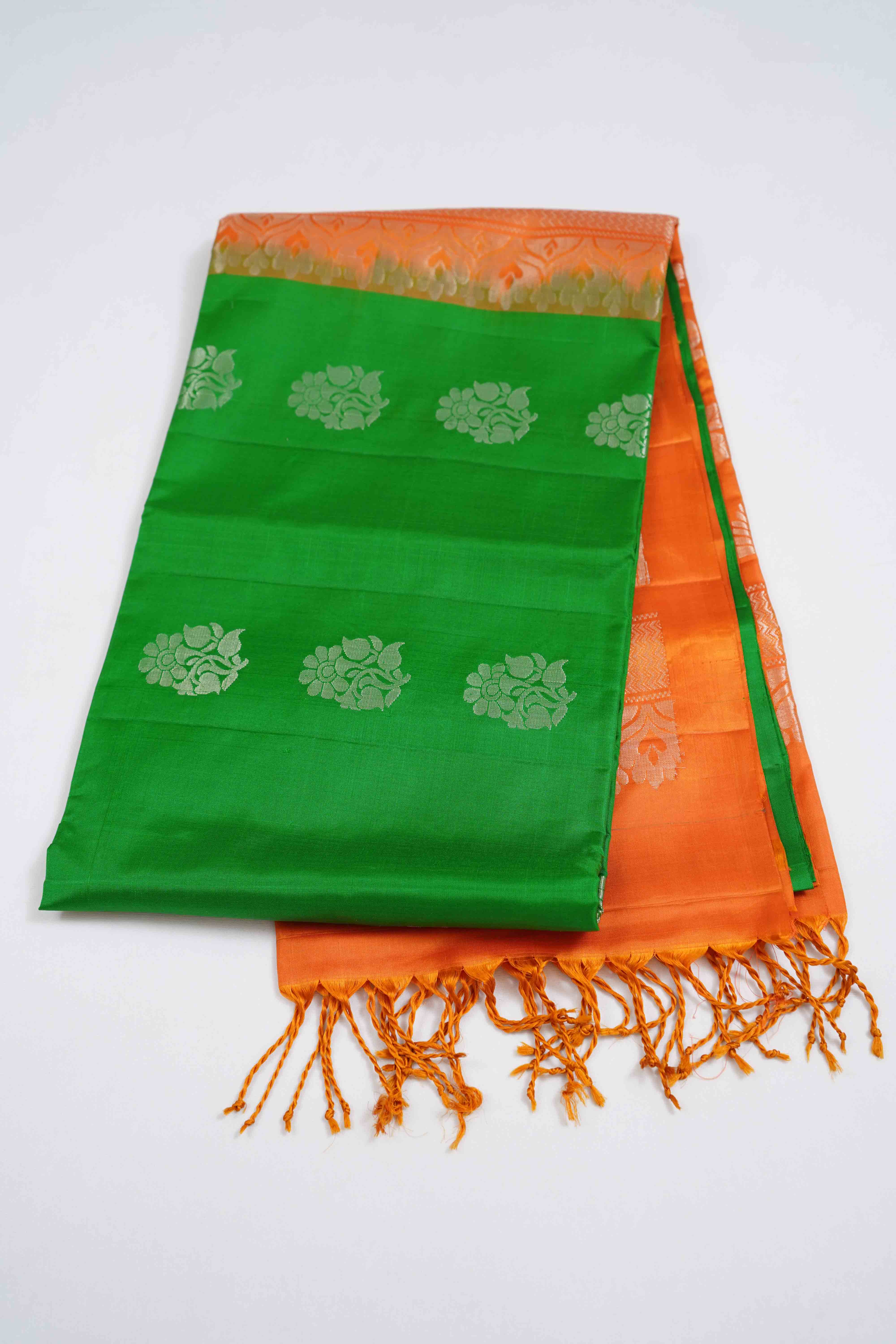 IRIS GREEN WITH PUMPKIN ORANGE PURE SOFT SILK SAREE - Queens Jewel Emporium