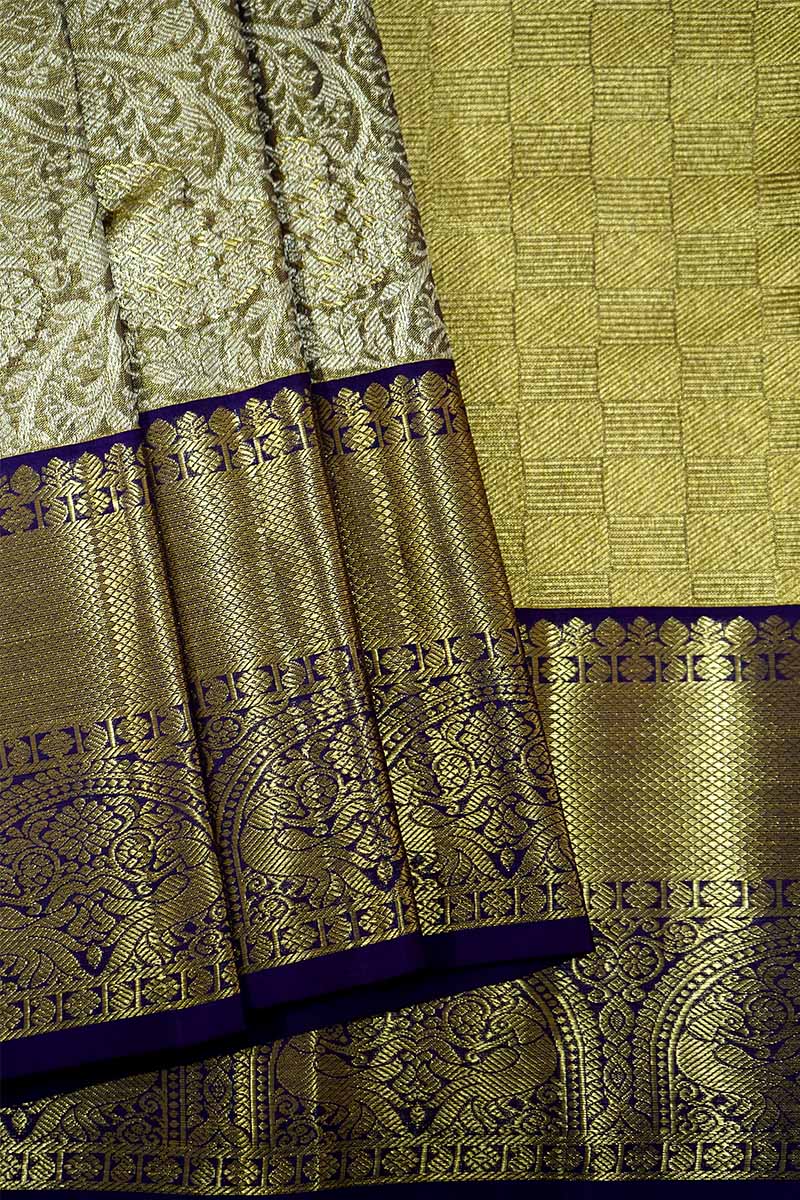IVORY GOLD WITH VIOLET KANCHI SILK SAREE - Queens Jewel Emporium