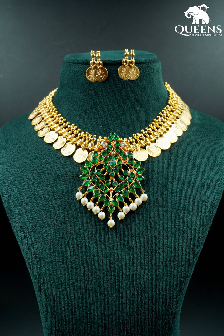 AADHYANTHA KASU NECKLACE - GREEN - Queens Jewel Emporium