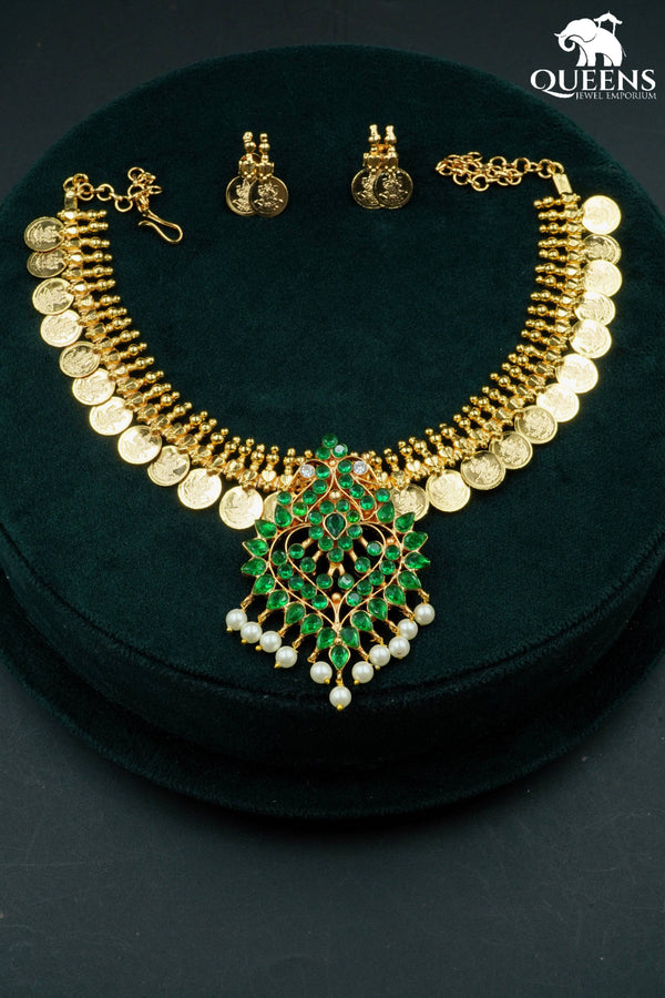AADHYANTHA KASU NECKLACE - GREEN - Queens Jewel Emporium
