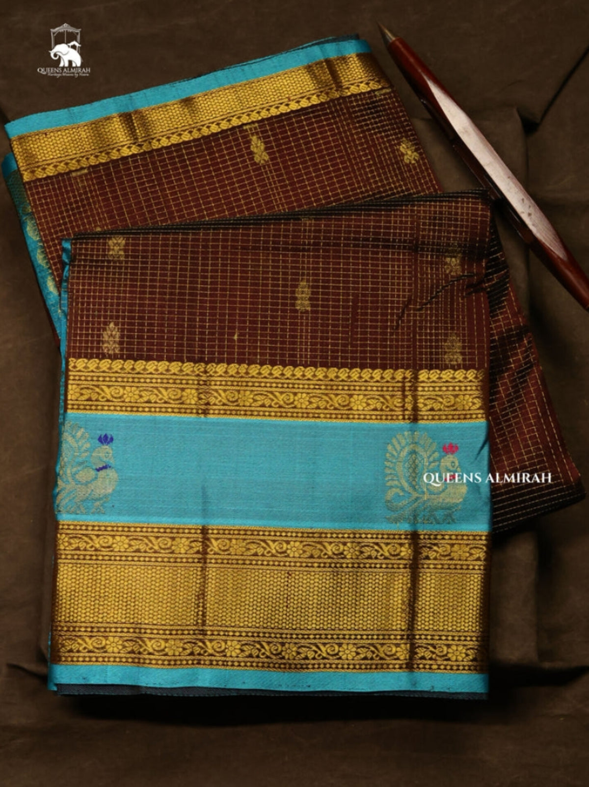 Brown With Blue Pure Silk Cotton Saree