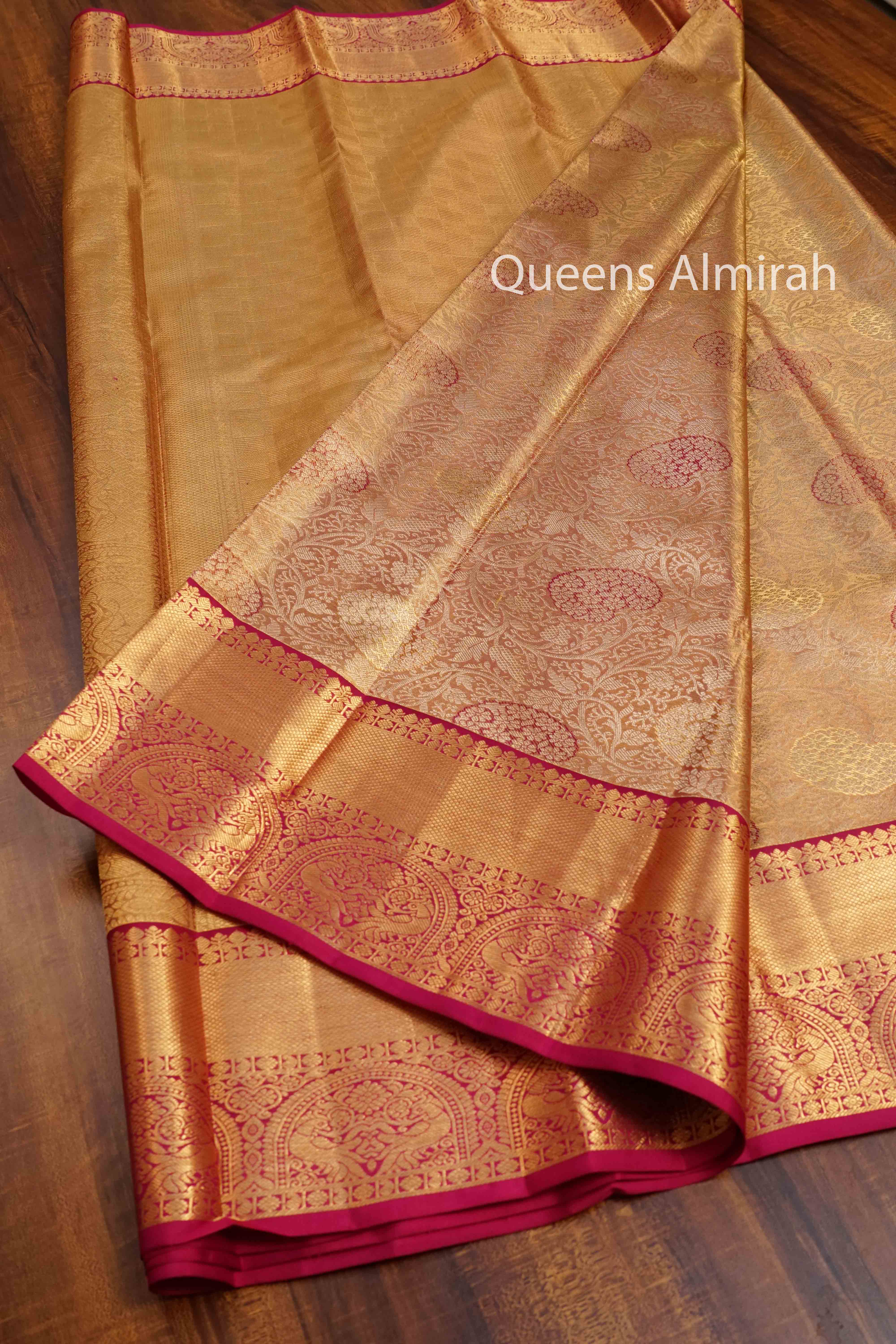IVORY GOLD WITH PINK KANCHIVARAM  SILK SAREE - Queens Jewel Emporium