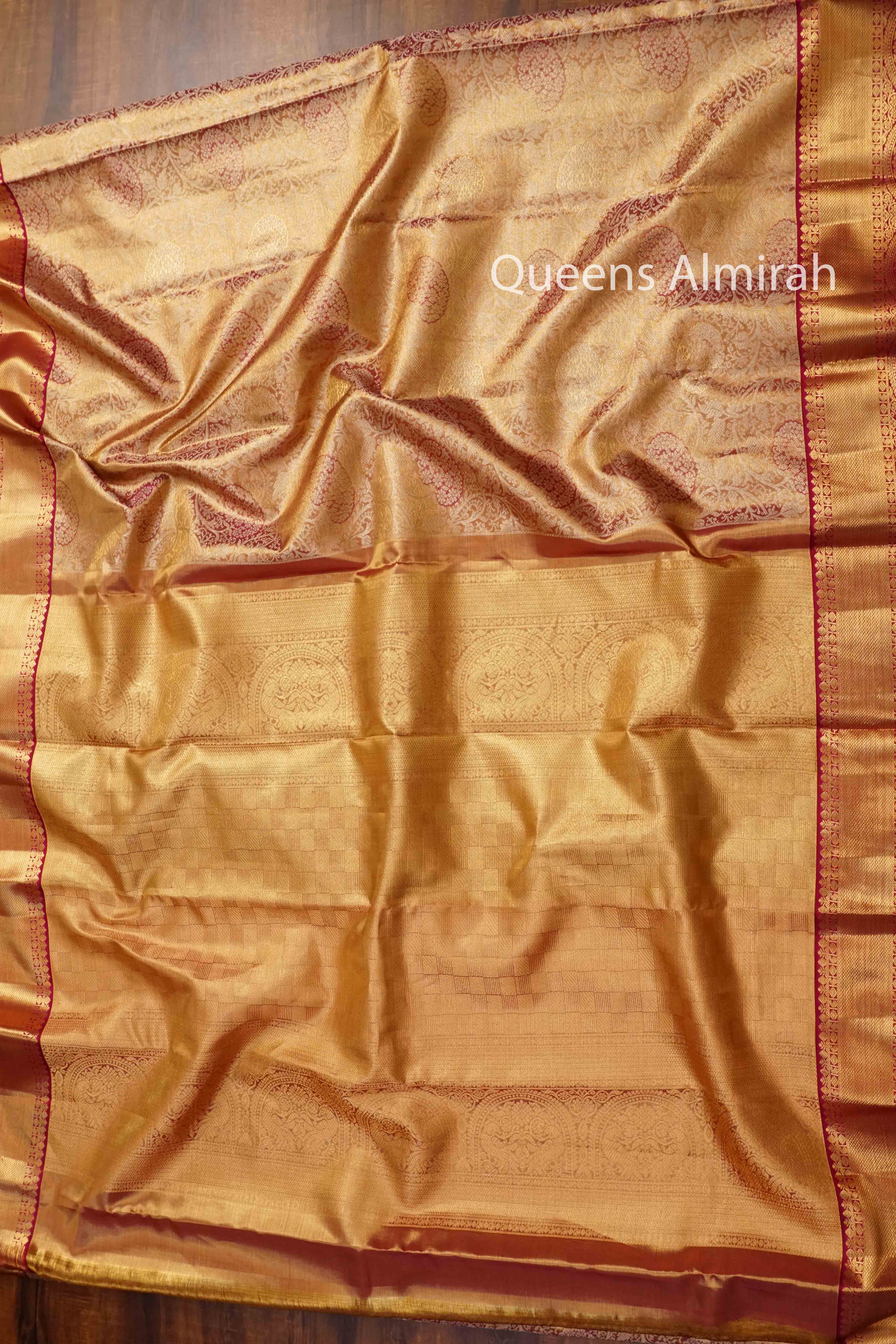 IVORY GOLD WITH PINK KANCHIVARAM  SILK SAREE - Queens Jewel Emporium