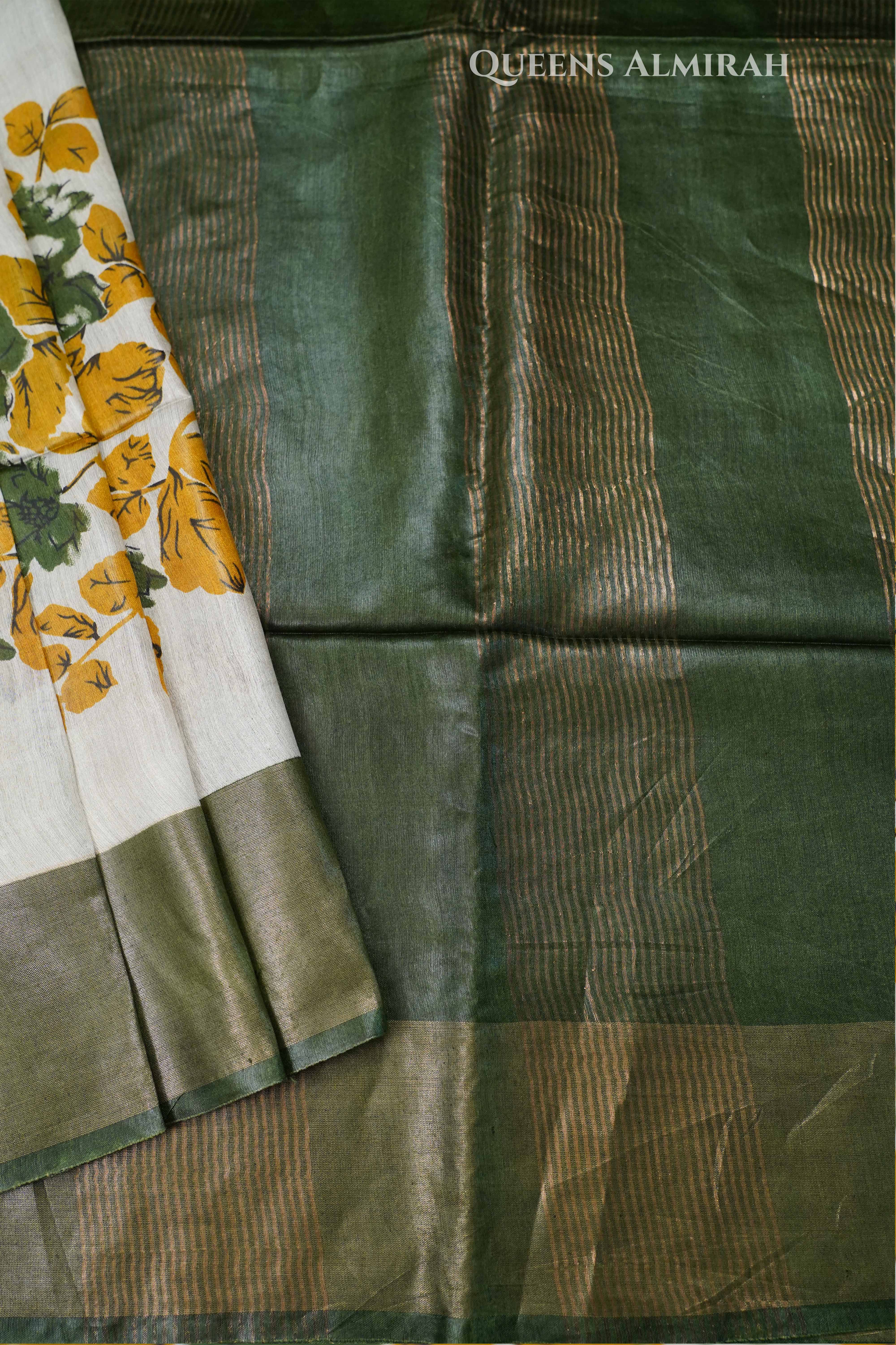Ivory With Olive Green Pure Tussar silk Saree QUEENS ALMIRAH