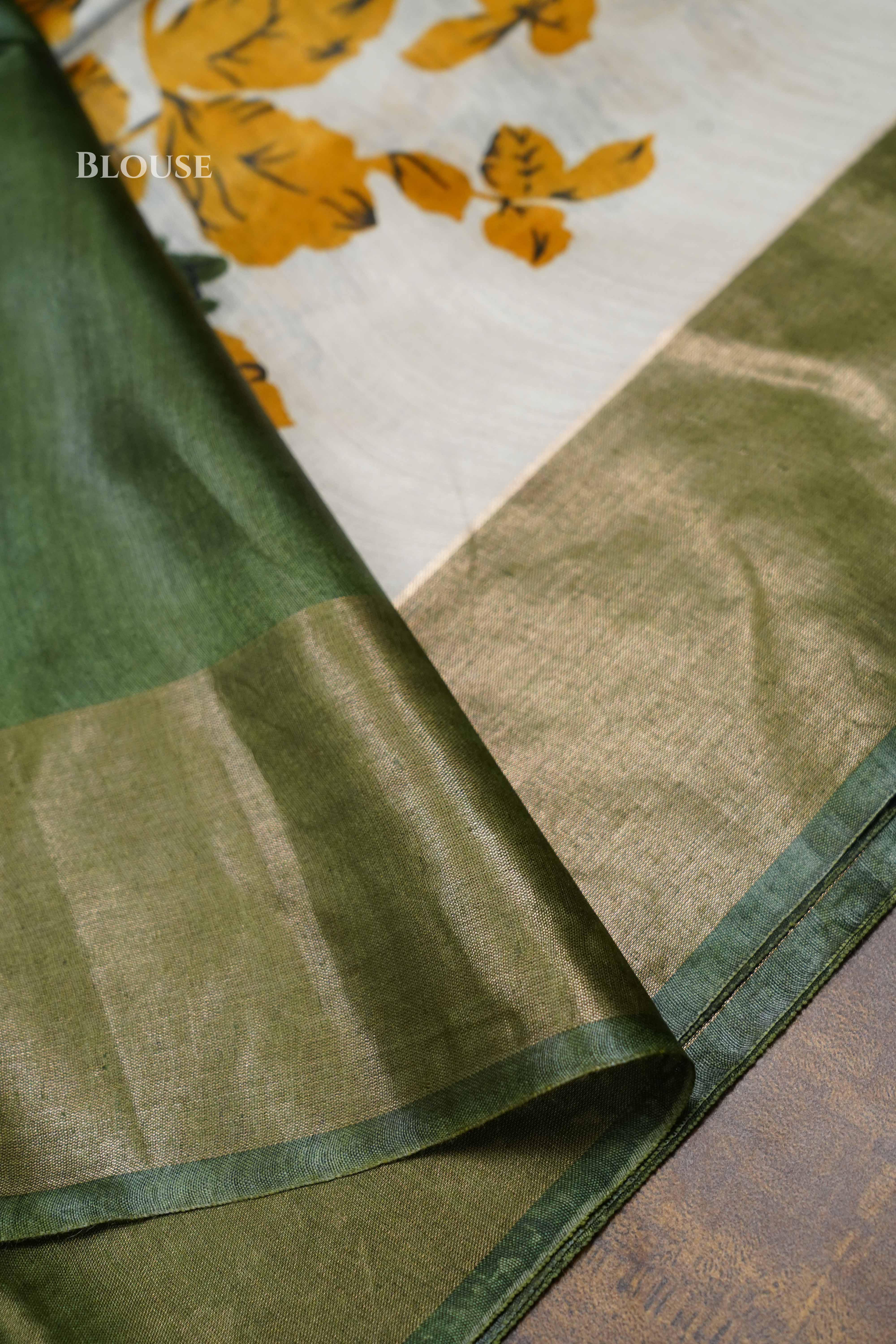 Ivory With Olive Green Pure Tussar silk Saree QUEENS ALMIRAH