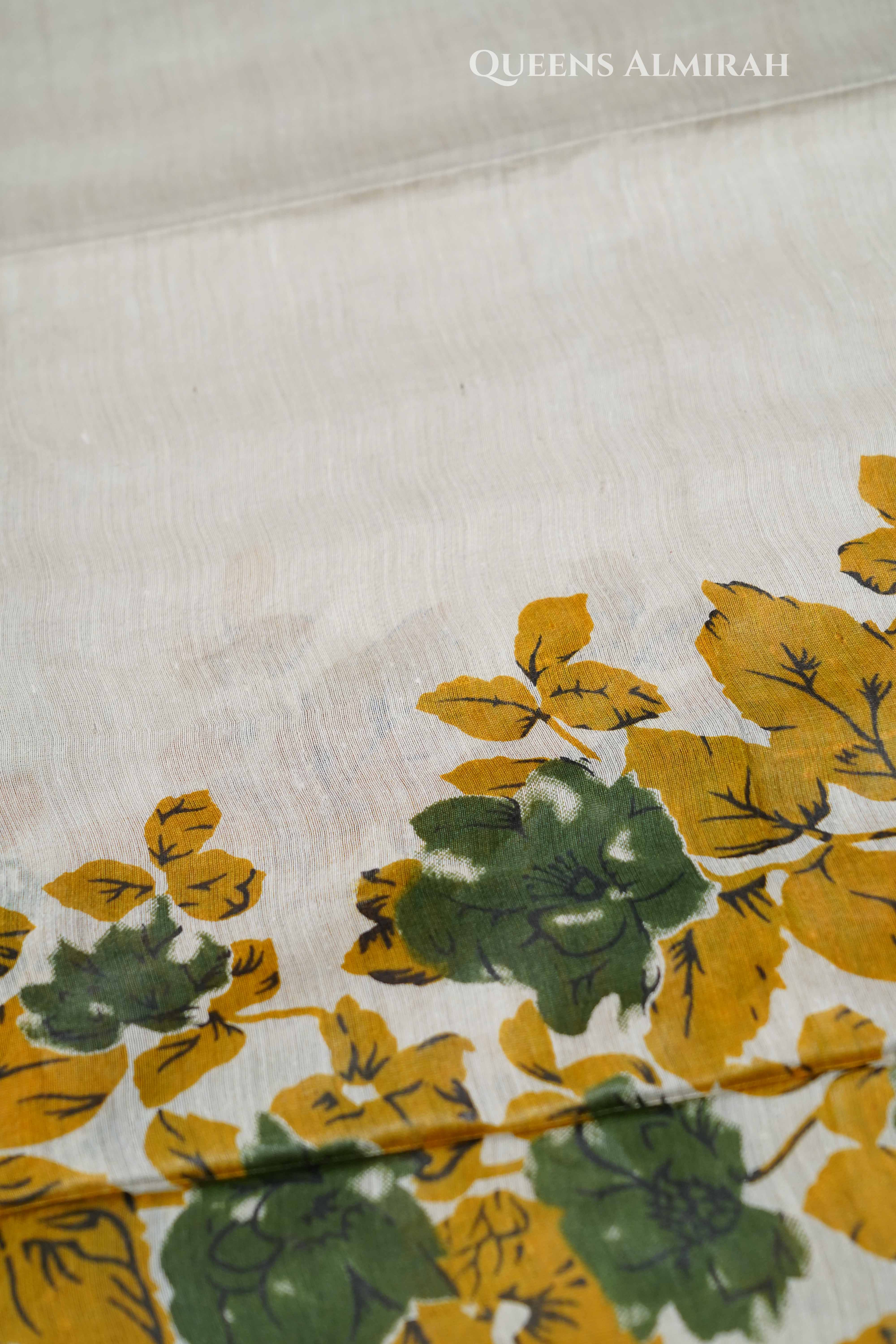 Ivory With Olive Green Pure Tussar silk Saree QUEENS ALMIRAH