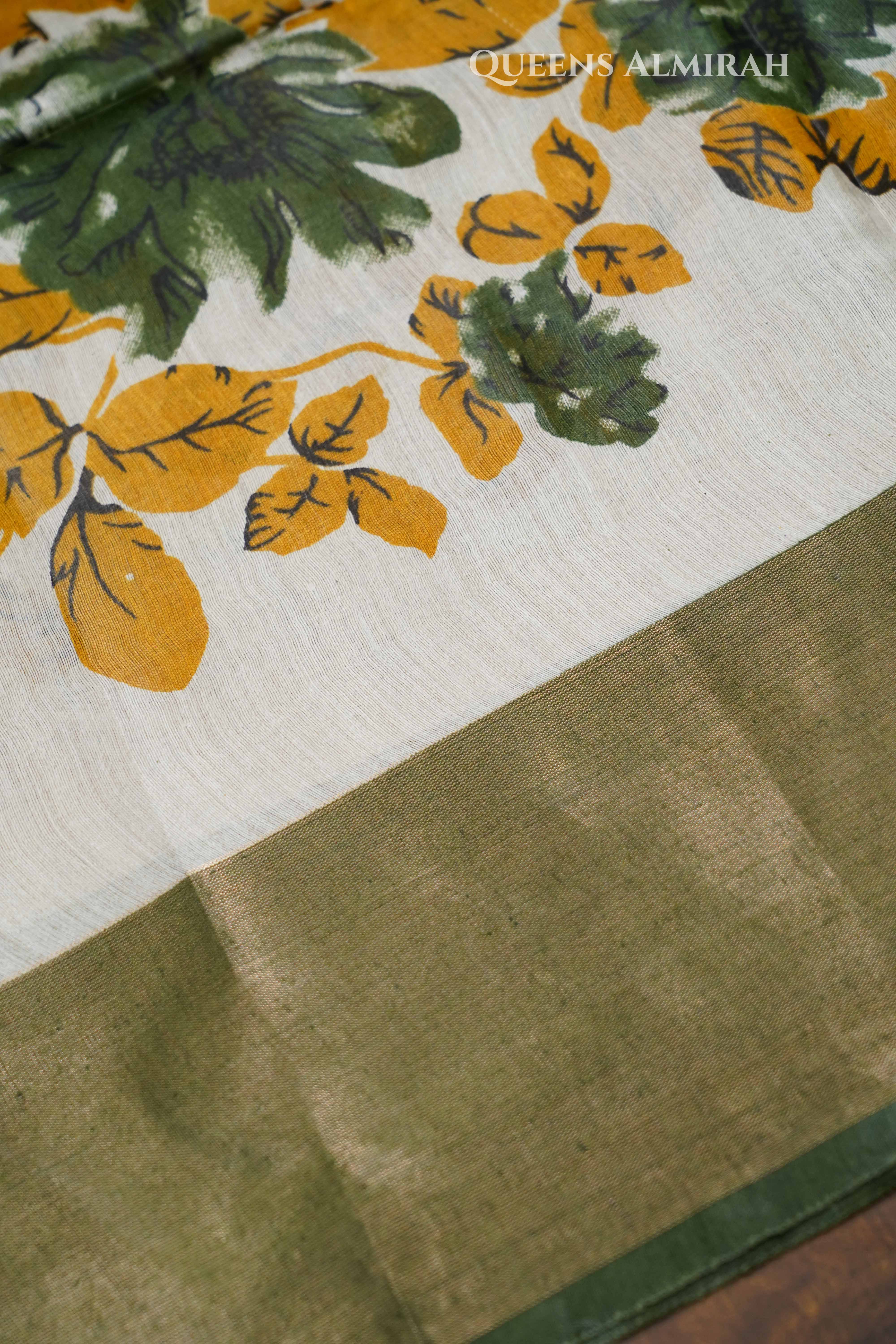 Ivory With Olive Green Pure Tussar silk Saree QUEENS ALMIRAH